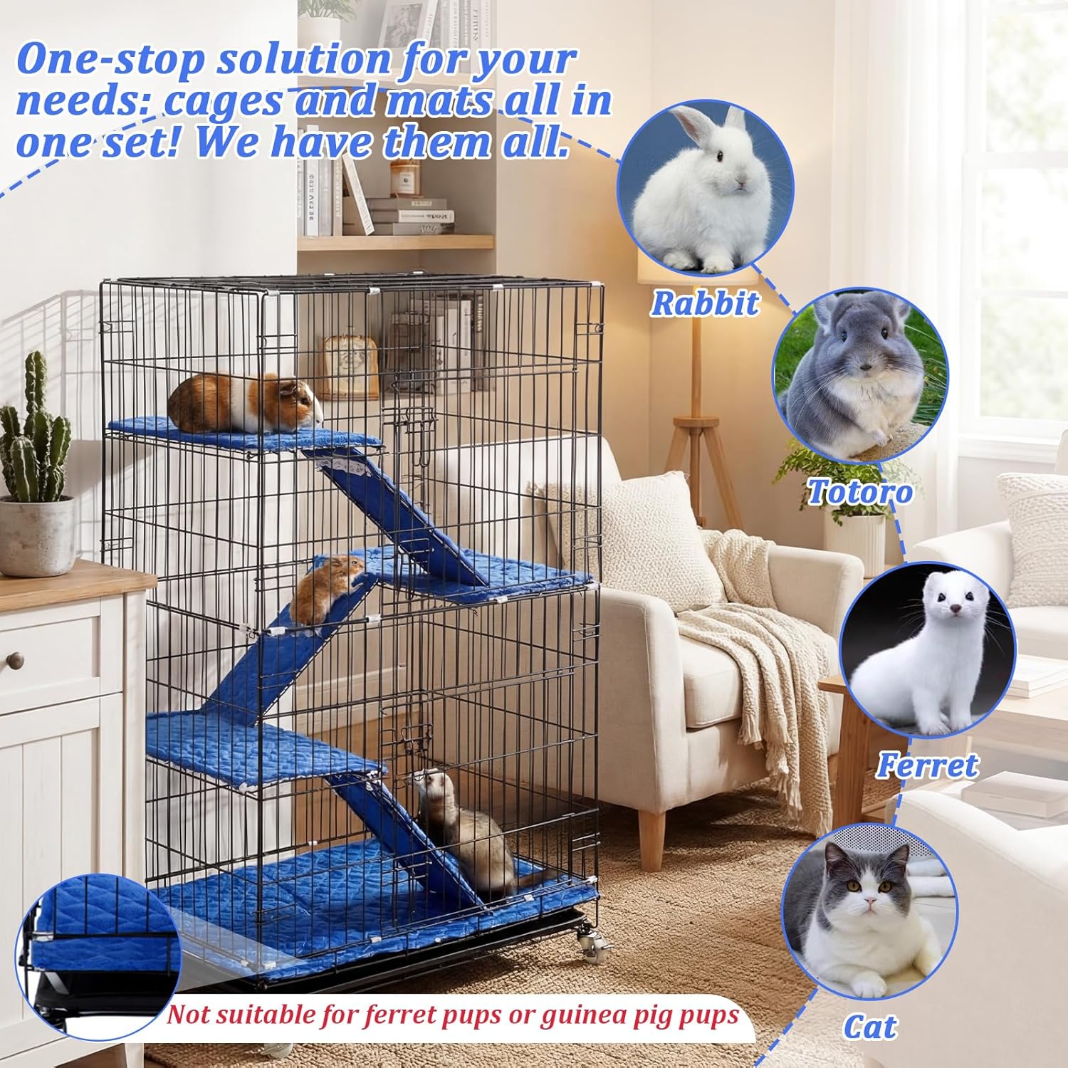 63" H 4-Tiers Large Ferret Cage with 7 Pcs Ferret Cage Liner, Chinchilla Crate Indoor Large Pet Crate with Wheels, Small Animal Cages with Ramp, Hideout, Pull Out Tray, for Rat Hamster, Hedgehog