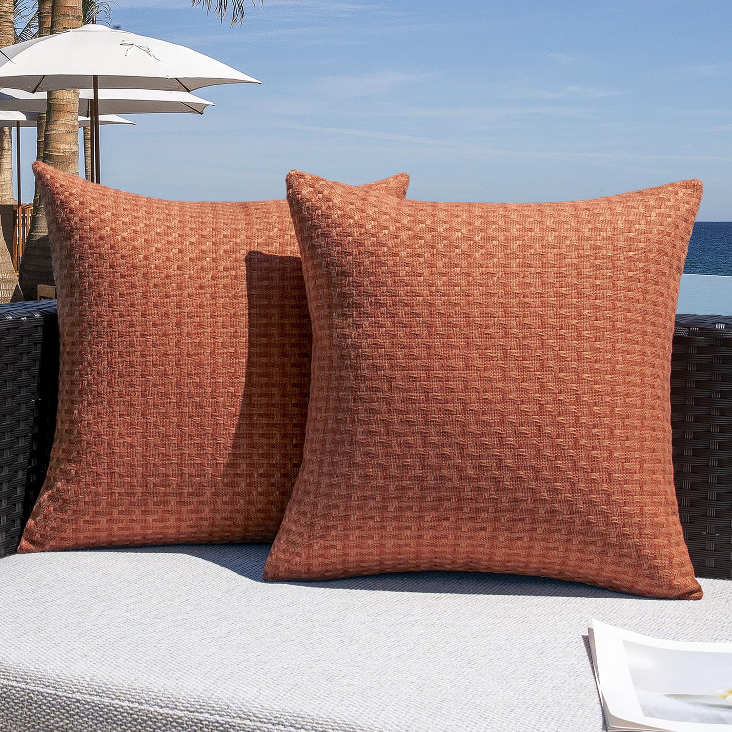 Kevin Textile Waterproof Cushion Covers 30x50 cm Set of 2 Outdoor Weaving Texture Water Resistant Seat Cushions Cover 12x20 Inch for Outdoor Garden Patio Balcony Couch Sofa Chair Seats, Burnt Orange