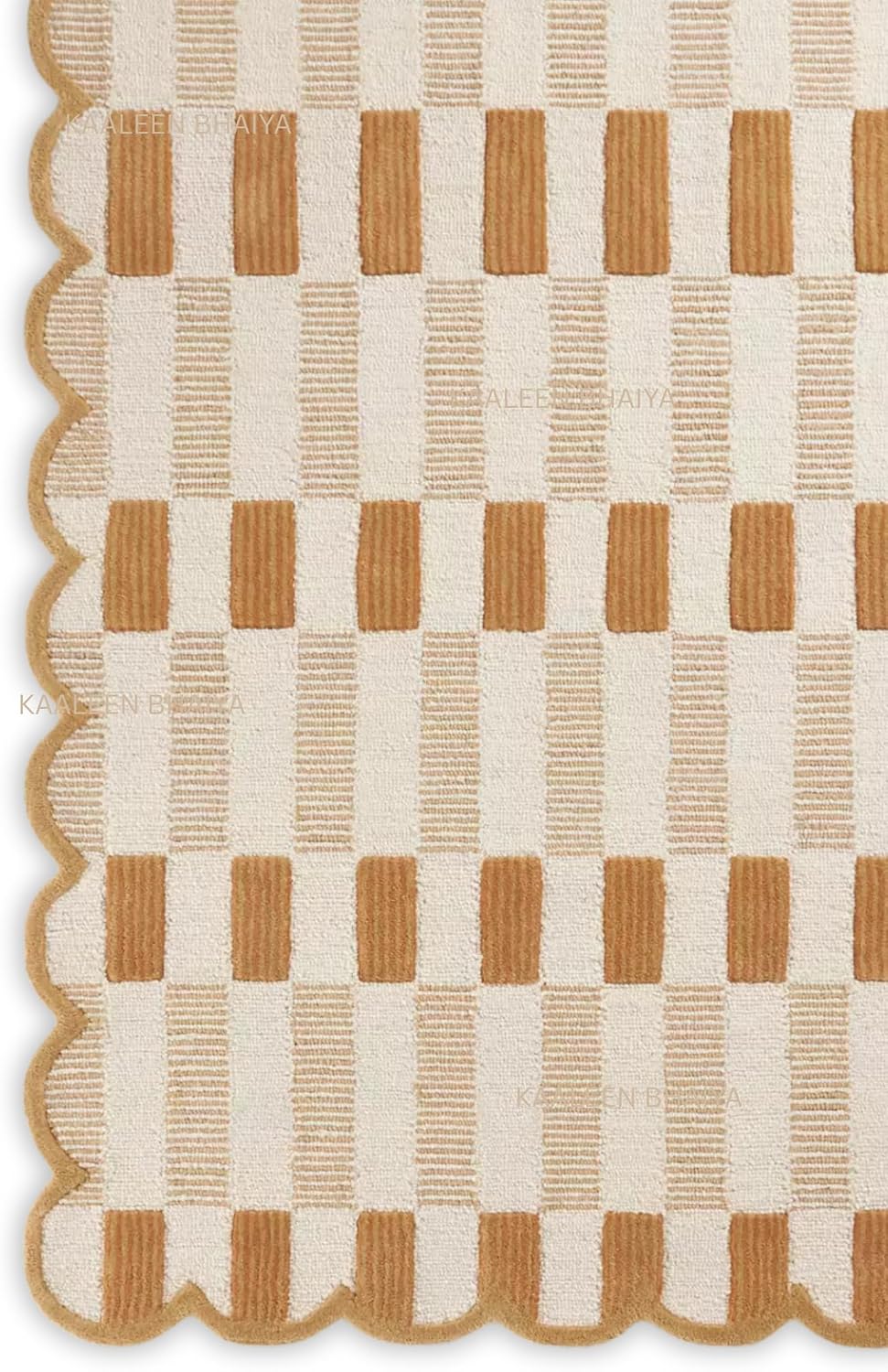 Handmade Scalloped Wool Area Rug – 9' x 12' Modern Geometric Pattern with Beige & Caramel Tones – Soft, Durable Thick Carpet for Living Room, Bedroom & Dining Room