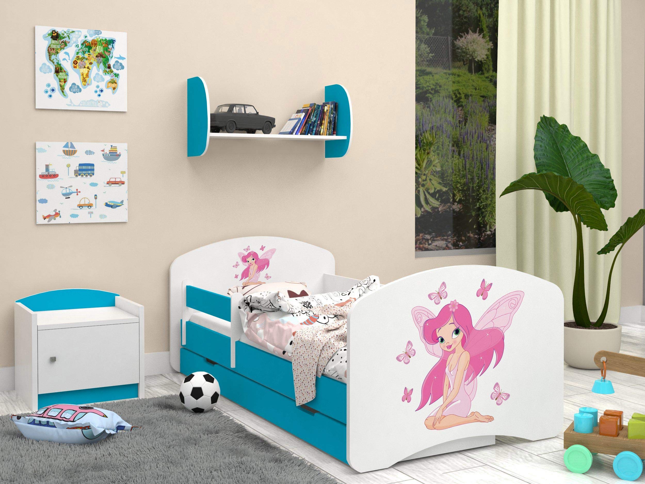 HappyBabies - Dwustronne łóżko dziecięce z szufladą, nowoczesne wzornictwo, z bezpiecznymi krawędziami i zabezpieczeniem przed upadkiem, materac piankowy 7 cm, niebieski (księżniczka z motylami, 140 x