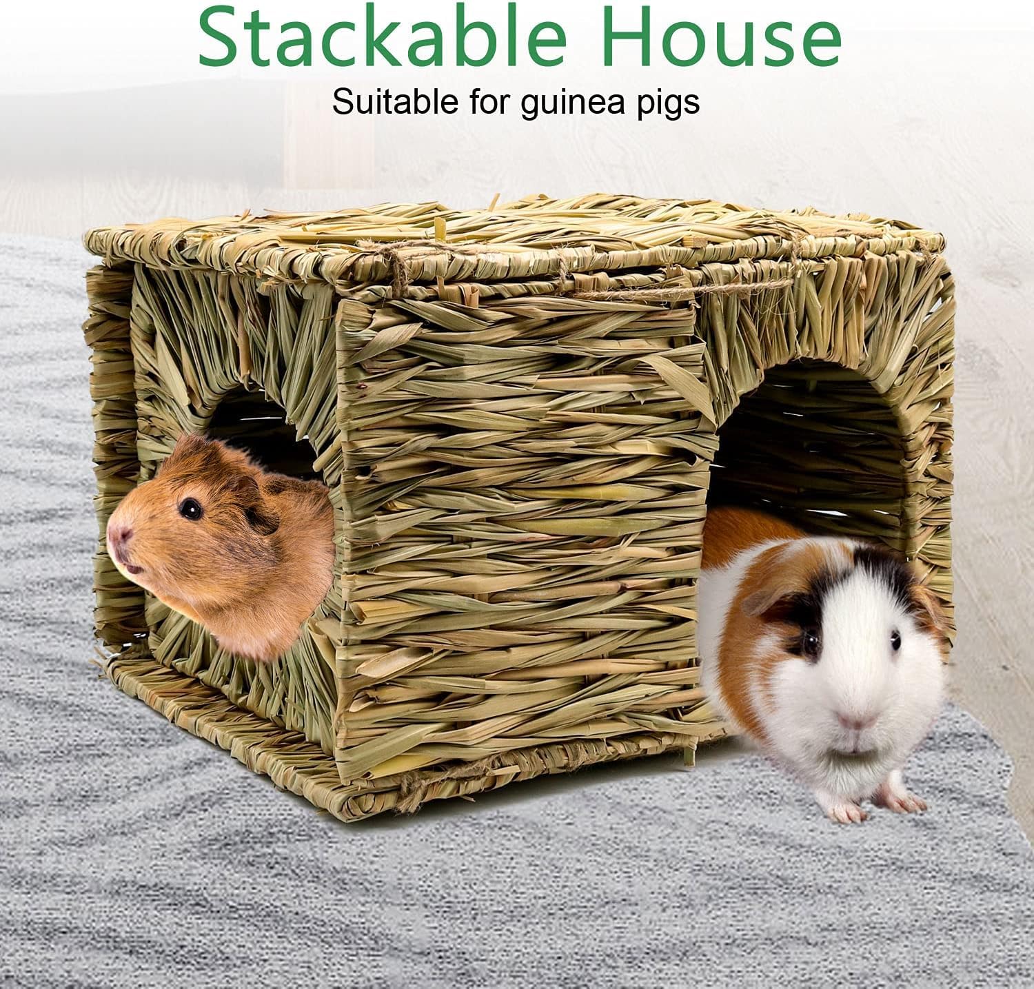 BWOGUE Großes Grashaus für Meerschweinchen, handgewebte Strohhütte, faltbar, Kleintier-Spielbett mit doppelten Öffnungen, Spielhaus für Kaninchen, Meerschweinchen, Chinchilla, Frettchen (2 Stück)