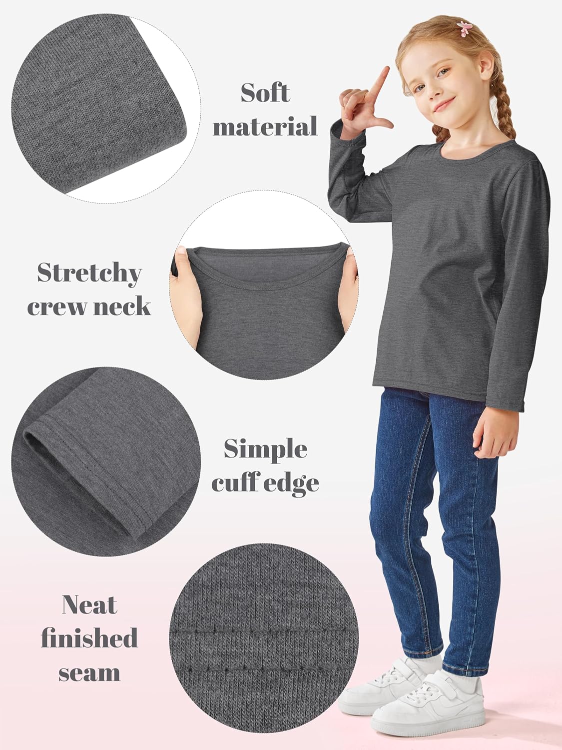 Cooraby 5 Pack Girls Long Sleeve Tees Girls' Soft T-Shirts Kids Basic Crewneck T-Shirts Top for Teen Youth Girls, 2T-16Y