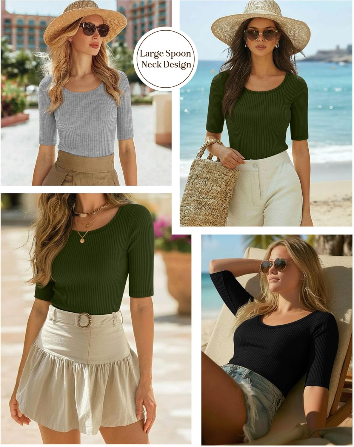 Ficerd 3 Pack Women's Half Sleeve Tops Ribbed Elbow Length Shirts Scoop Neck Slim Fit Summer Basic Tee Trendy Casual Blouses - Image 6