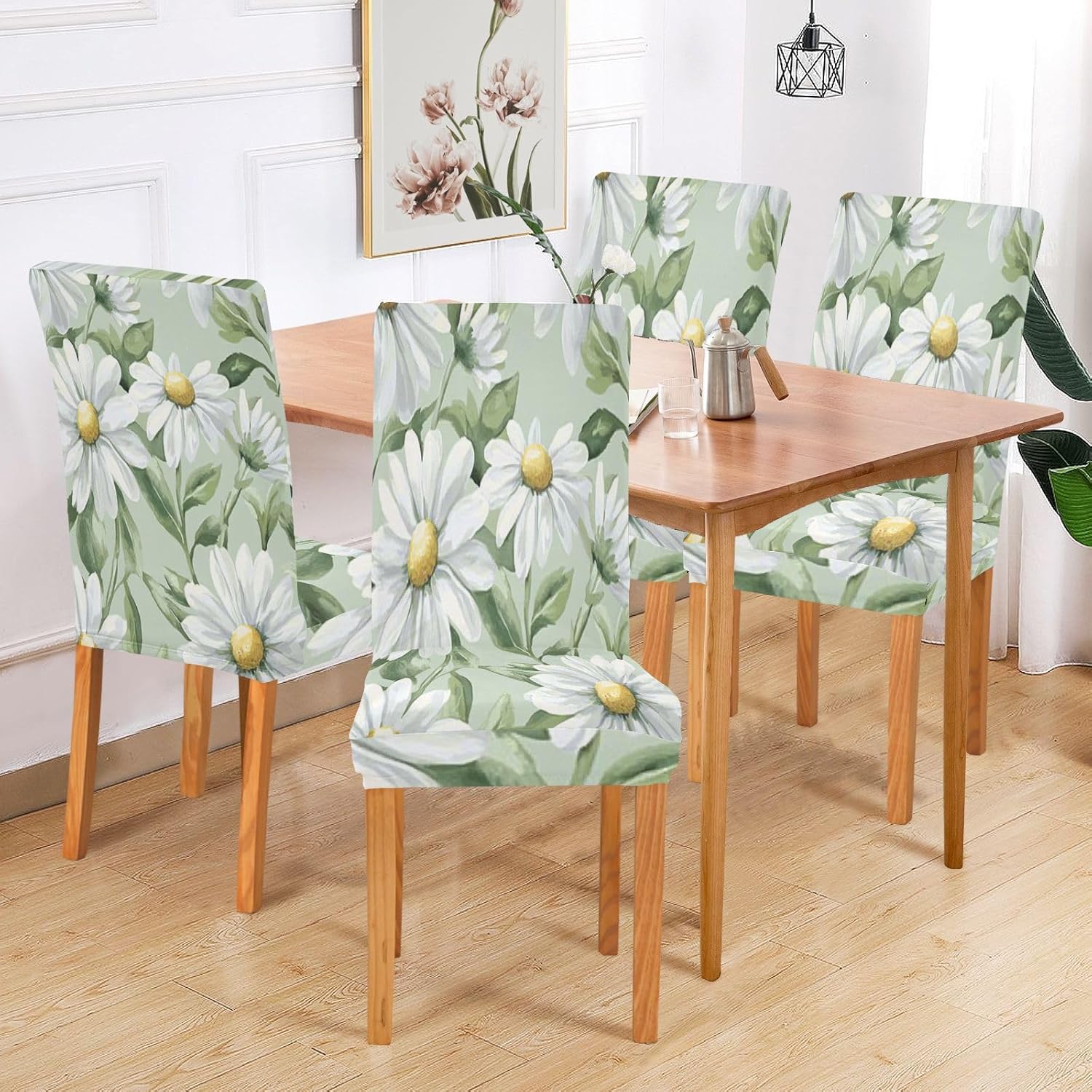 ALAZA Chair Covers for Dining Room, Daisy Flower on Green Stretch Chair Cover Sets Chair Protector Removable Washable for Ktichen Restaurant Hotel