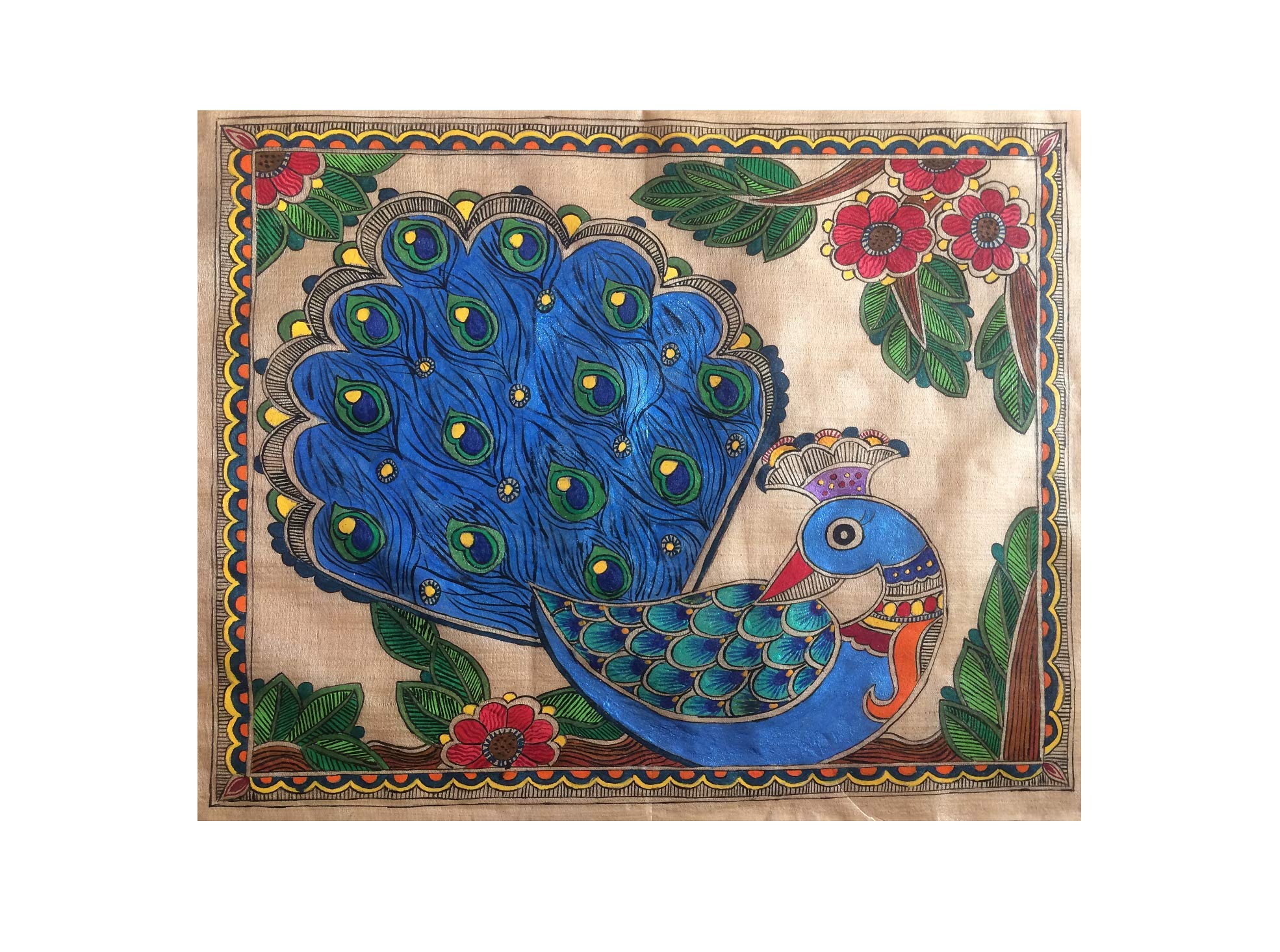 Peinture Madhubani authentique : tableau paon en soie 28x33cm sans cadre