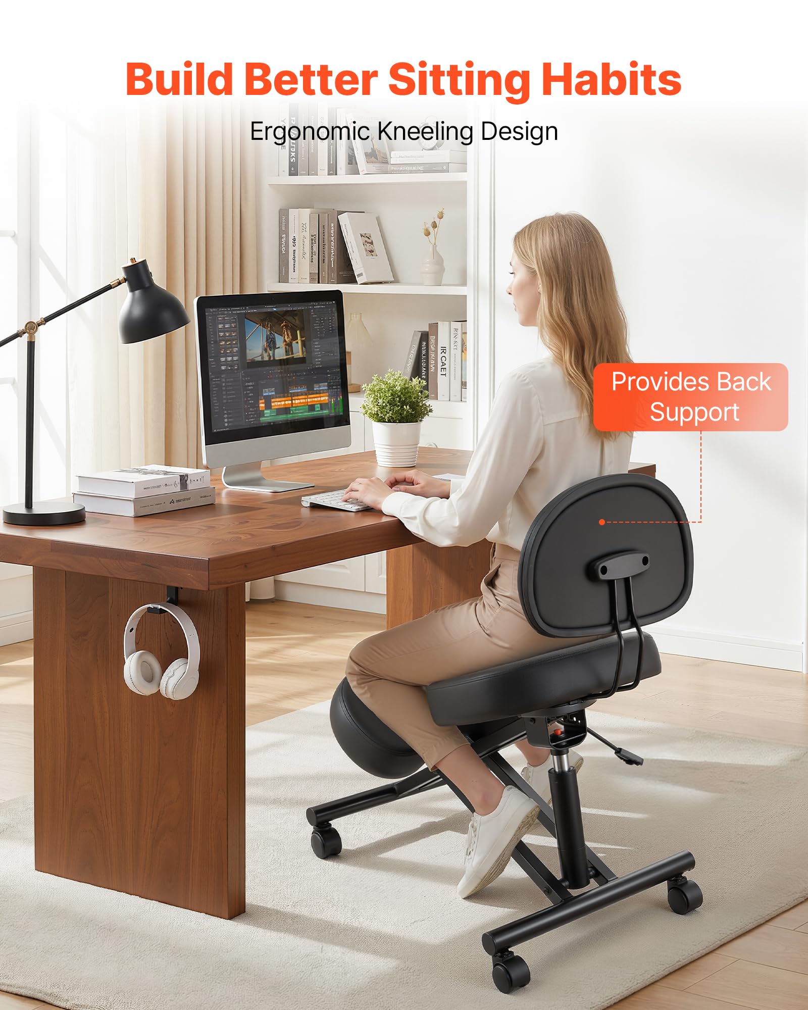 VEVOR Ergonomischer Kniestuhl mit Rollen & Rückenlehne, Höhenverstellbarer Kniehocker in X-Form mit Dicken Schaumstoffpolstern, zur Entlastung von Nacken & Rücken, für Zuhause, Büro & Meditation