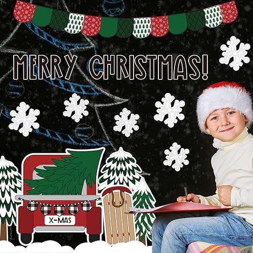 Miniatura 5 de Whaline Kit de decoración de tablón de anuncios para el aula, 139 piezas, árbol de Navidad, recorte de camión rojo con punto de pegamento,