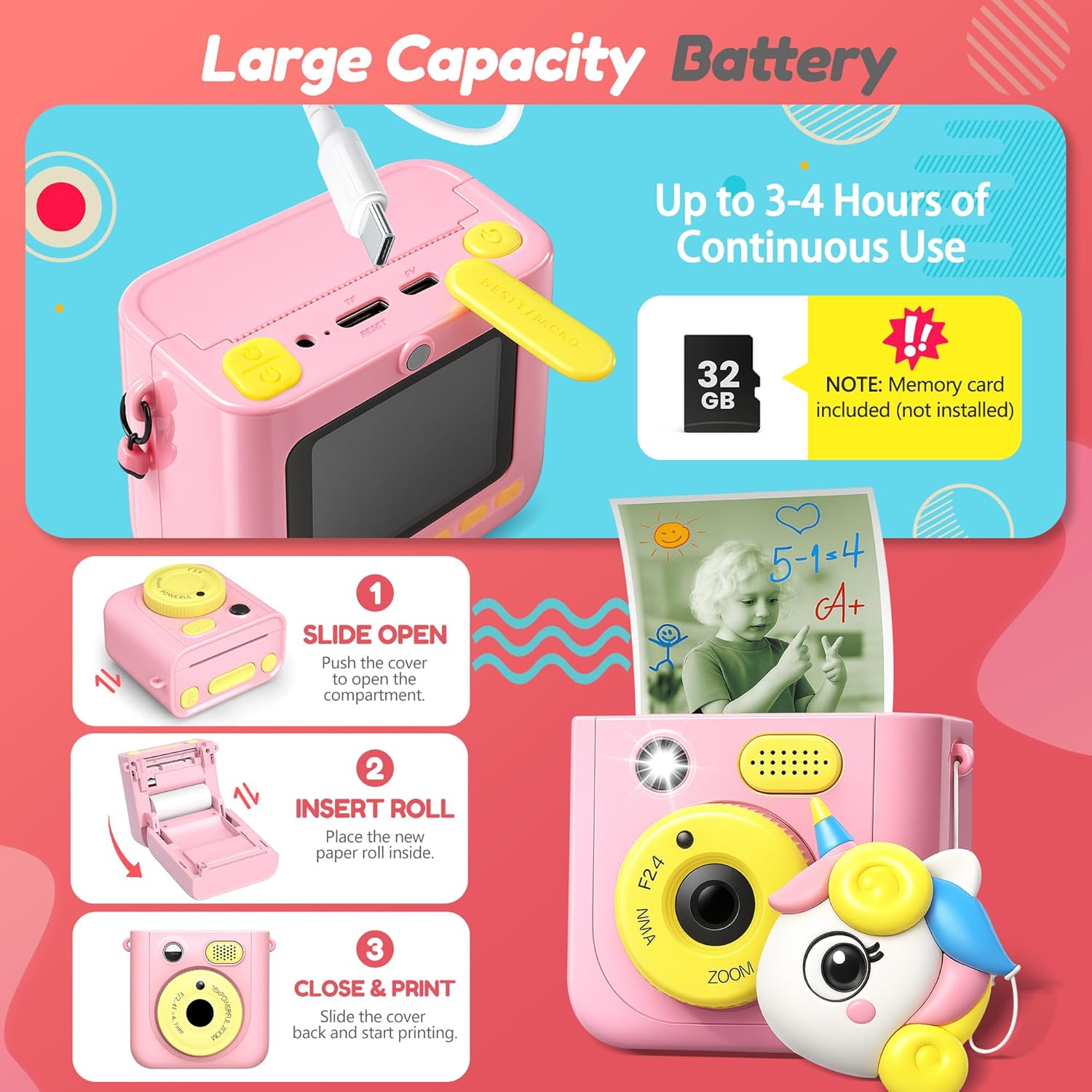 Instant Camera for Kids, Digital Print Camera 48MP 1080P, Color & B&W Printing, 2.4" Display, USB-C Rechargeable, 32GB Card, Christmas & Birthday Gifts for 3-12 Year Old Girls Boys (Pink)