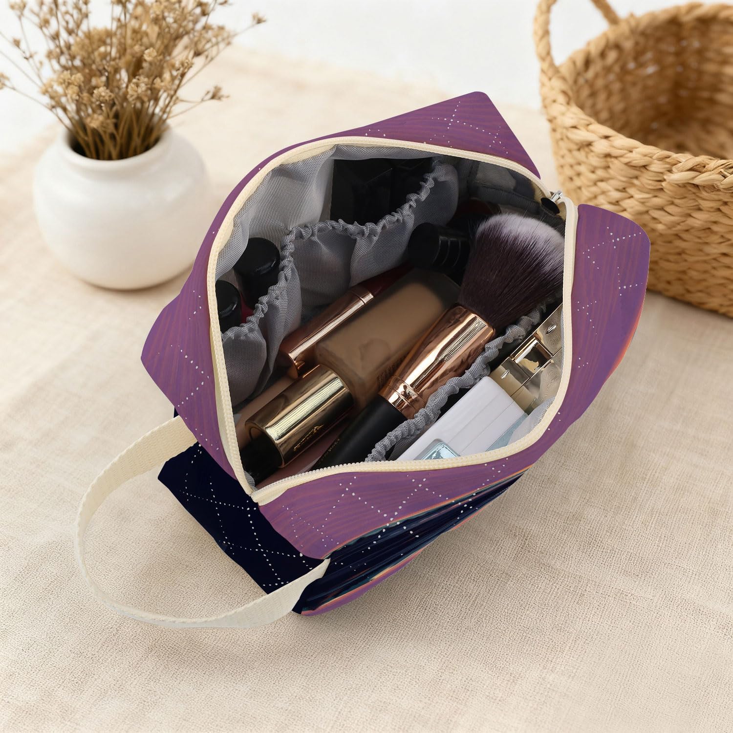 Mountain Landscape Printed Quilted Makeup Pouch for Women - Velvety Polyester Cosmetic Organizer w/Triple Compartments, Travel & Makeup Brush Holder - Image 4