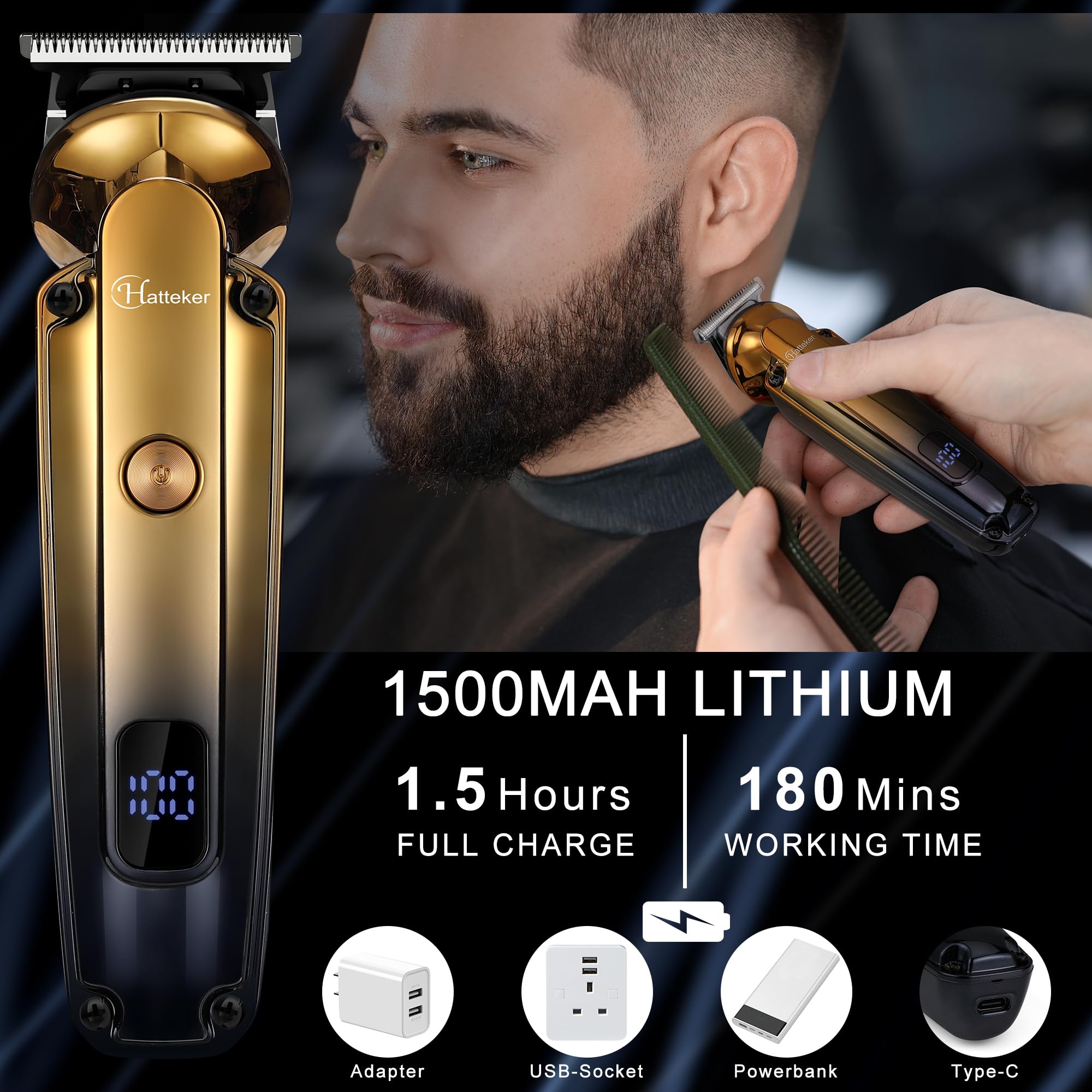 Hatteker Beard Trimmer Kit Professional Hair Clipper with Zero Gapped T-Blade Electric Razor Shaver for Nose Ear Beard Body Trimmer for Men Waterproof Cordless Grooming Kit 6 in 1 - Image 4