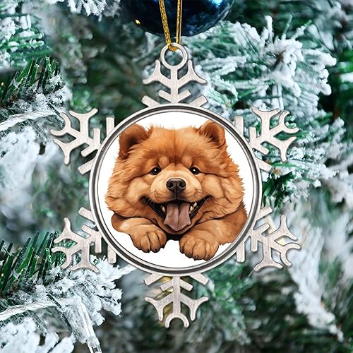 CowkissSign Chow Chow - Adornos metálicos de copo de nieve para árbol de Navidad, Chow Chow, lindo y divertido adorno colgante de Navidad, adorno