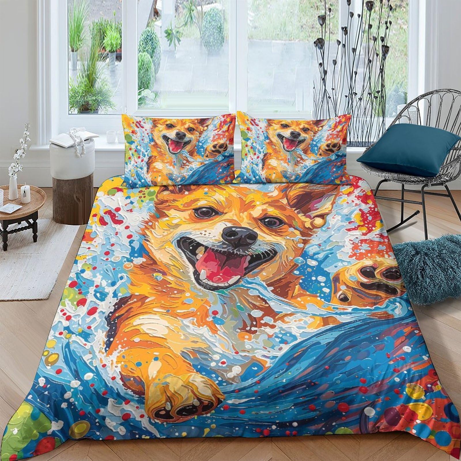 Ctjqhvkz Style-3 3D Printed Playful Dog Fitted Sheet Microfiber Colourful Splash Mattress Cover Anti-Slip Machine Washable Bedroom Decor Single（135X200cm）