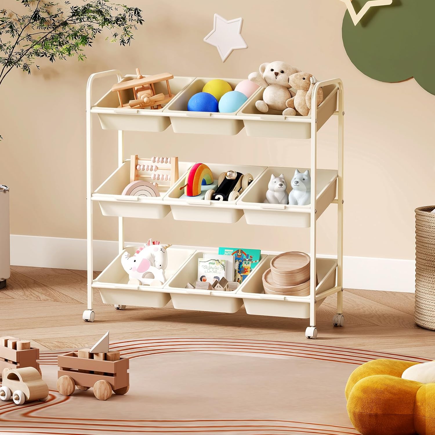 Kids Toy Organizers and Storage Shelf with 9 Toy Storage Bins, Removable Organization Baskets Rack, Toddler Furniture Bin Shelf Bookcase for Playroom, Bedroom, Livingroom