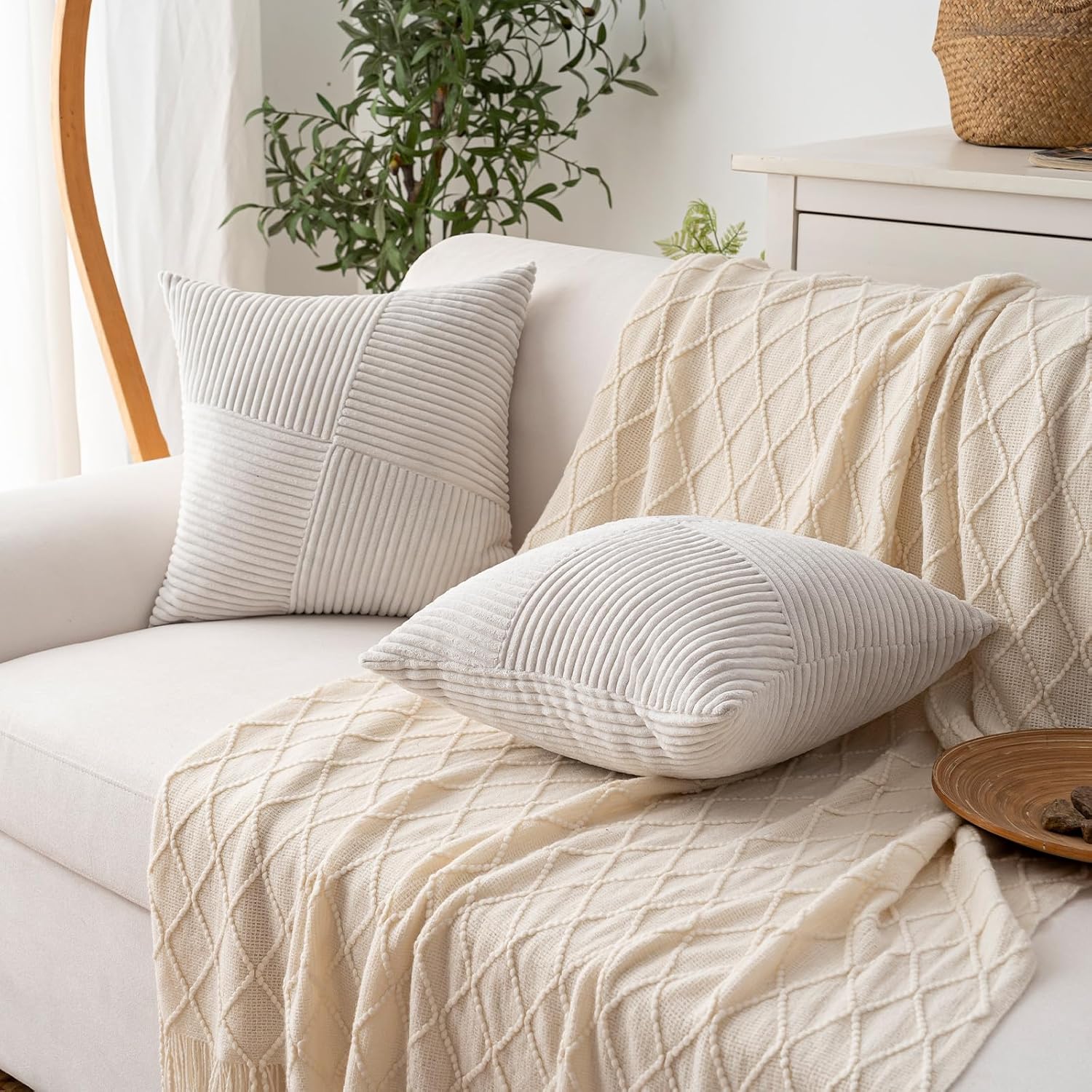 Decorative Throw Pillow Covers 18x18 Inch Set of 2 for Boho Living Room Farmhouse Home Decor, Spring Pillow Covers for Couch Bed, Soft Corduroy Striped Patchwork Cushion Cases, Cream White - Image 6