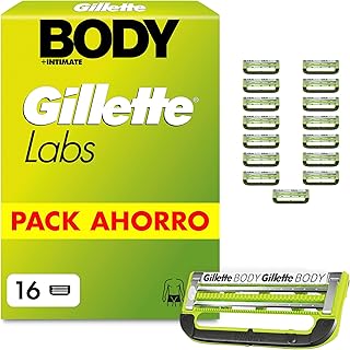 GilletteLabs Body + Intimate Cuchillas de Afeitar Cuerpo Y Zona Íntima Hombre, Pack De 16 - Recambios con 2 Hojas, Banda Lubricante, Barra Anti-Vellos Enquistados Y Anti-Irritación, Depilación Hombre