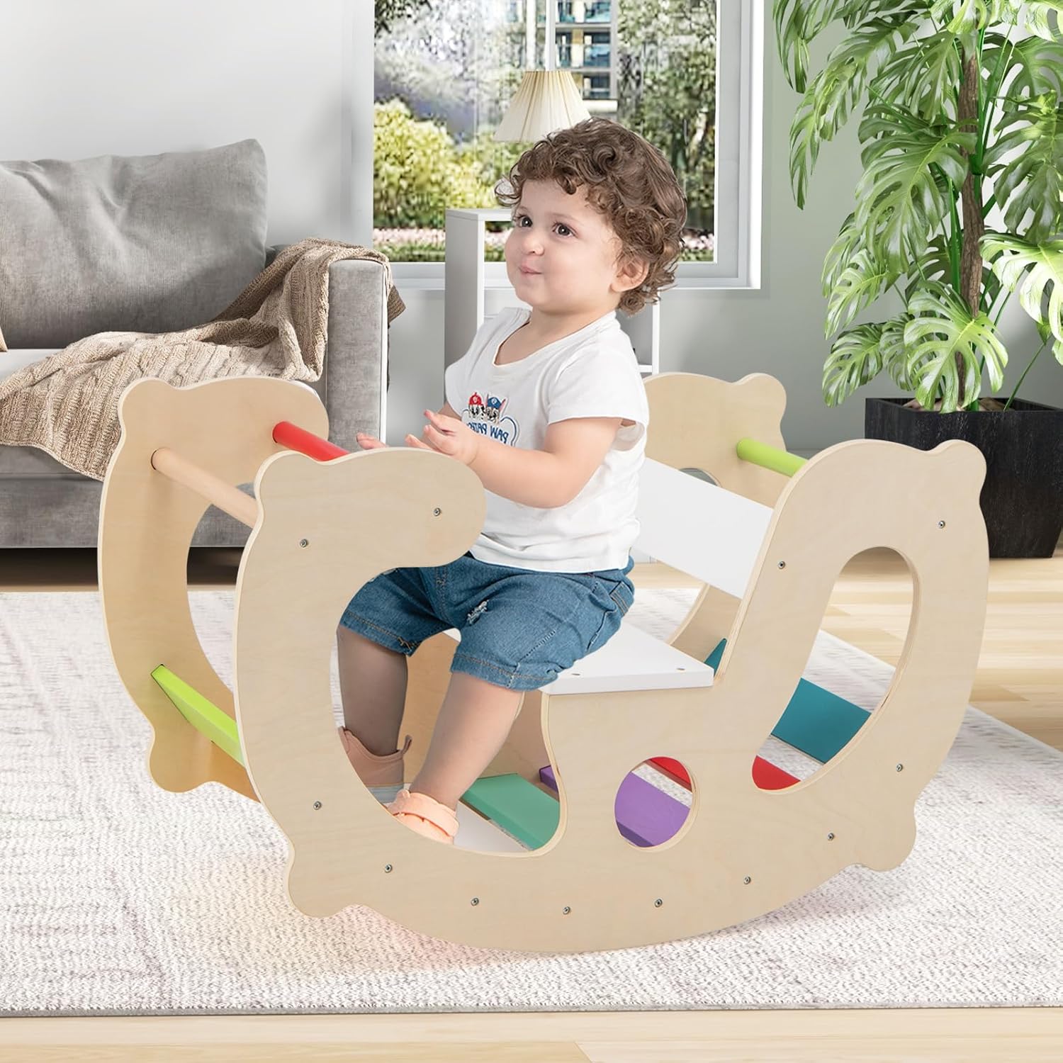Costzon Wooden Arch Rocker, 2-in-1 Montessori Rocking Toys for Toddlers with Easy-Grip Handles, Children Rocking Horse Toy w/Seat, Indoor Play Gym Climbing Ladder Set for Kids Aged 1+ Gift Presents
