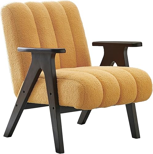 Miniatura 4 de Roundhill Furniture Rella Modern Teddy Sherpa - Silla decorativa con marco de madera espresso, color amarillo