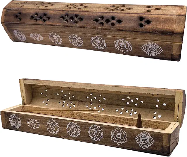 Boîte à encens en bois décorée main - Design Chakras unique - 30,5 cm
