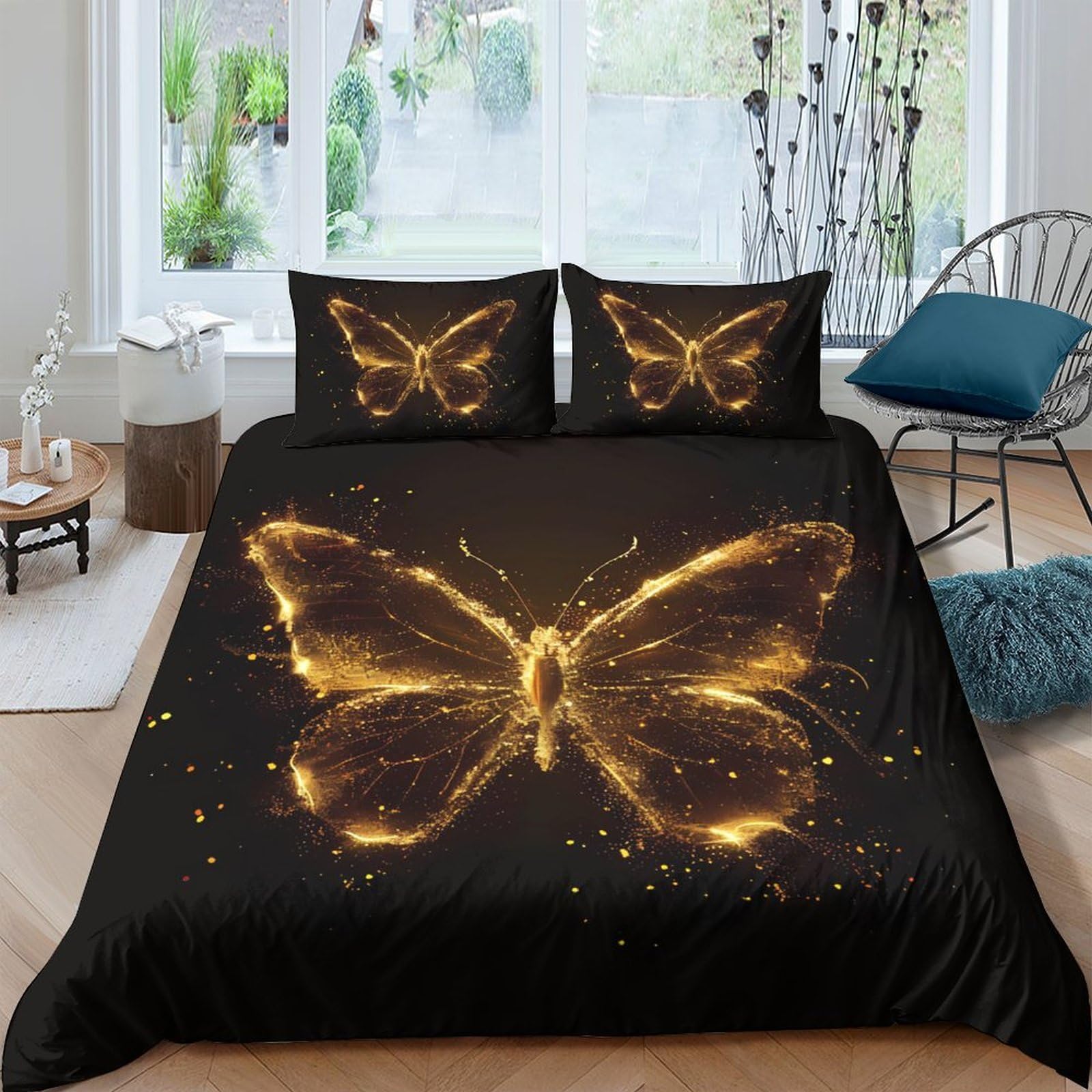 P5V6M1Q9 3D Printed Golden Butterfly Duvet Cover Microfiber Bedding Set Black Glow Quilt Cover with 2 Pillowcases for Bedroom Decor Single（135x200cm）