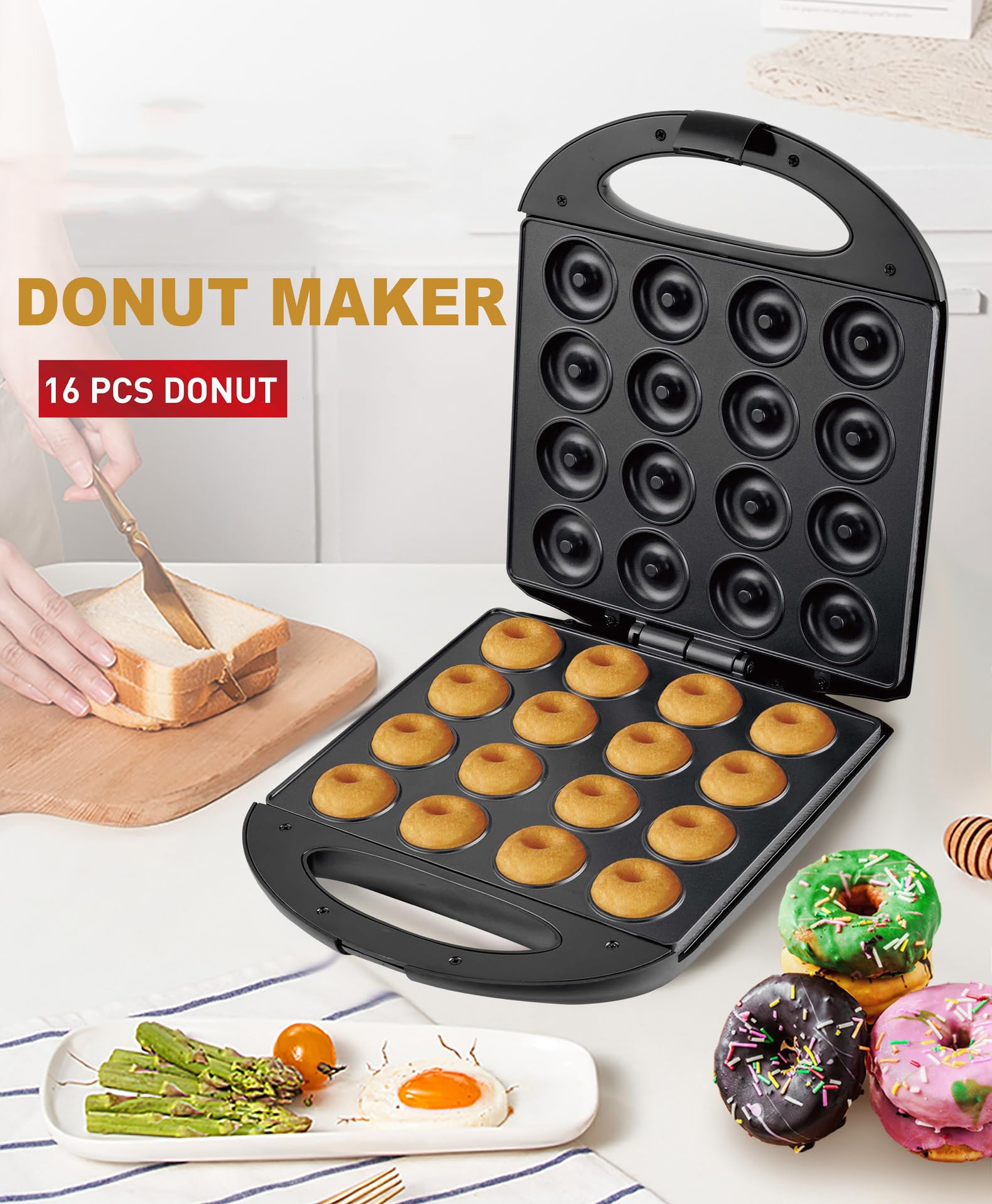 Macchina per ciambelle per colazione, snack, dessert per bambini, per preparare 16 ciambelle, piccoli elettrodomestici da cucina, snack, dolci con stampa a ciambella, dessert e altro ancora per uso