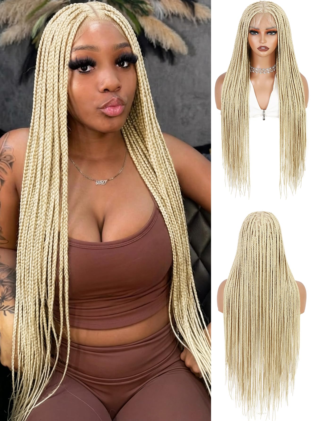 WIGNEE Parrucca a Treccine Box Senza Nodi, 36 Pollici - Pizzo Intero HD con Nodi Triangolari Annodati a Mano - Frontale in Pizzo con Baby Hair - Parrucca Intrecciata Sintetica e Naturale per Donne