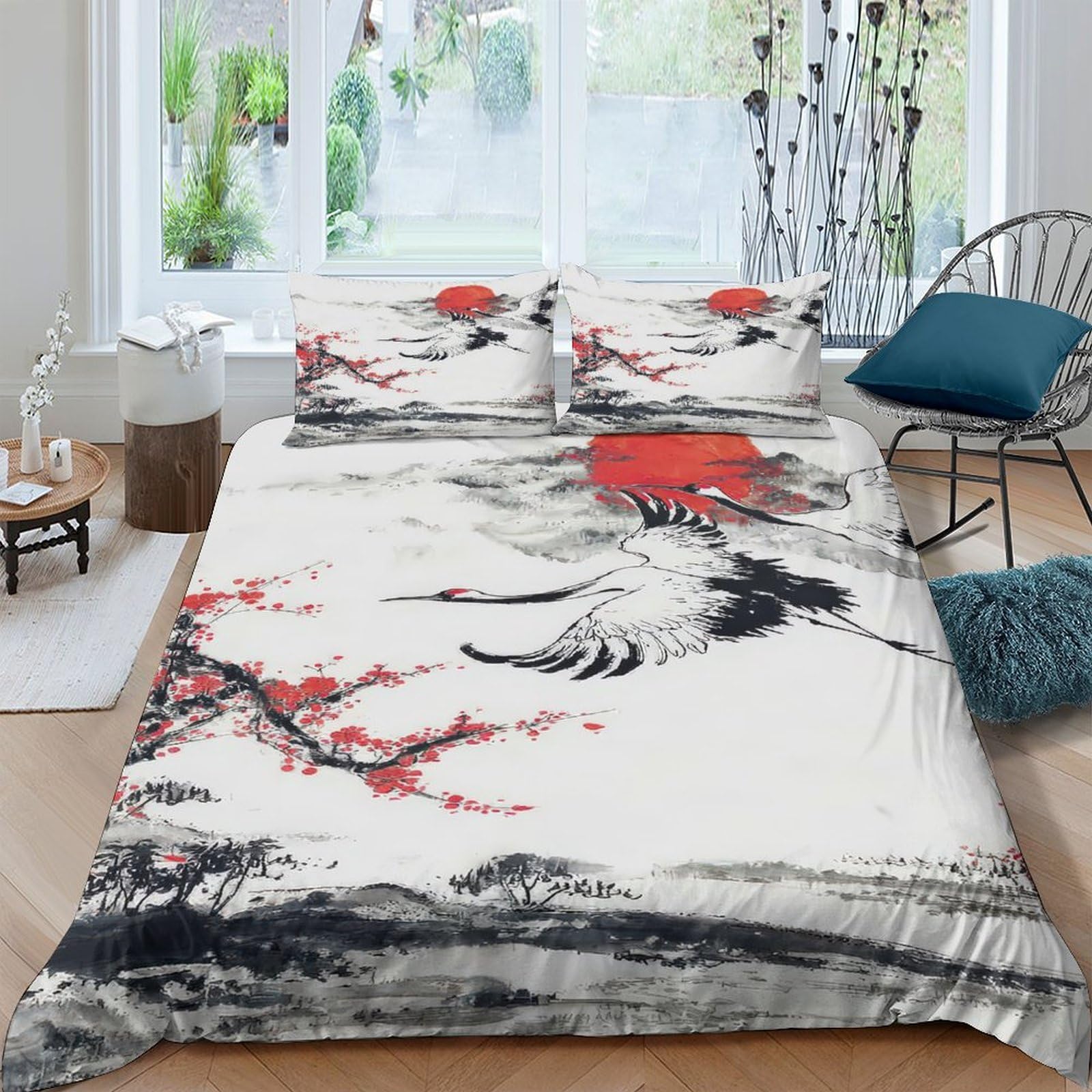 Ctjqhvkz Style-2 3D Printed Japanese Crane Fitted Sheet Microfiber Artistic Red Blossom Bed Cover For Bedroom Guest Room Decor Single（135X200cm）