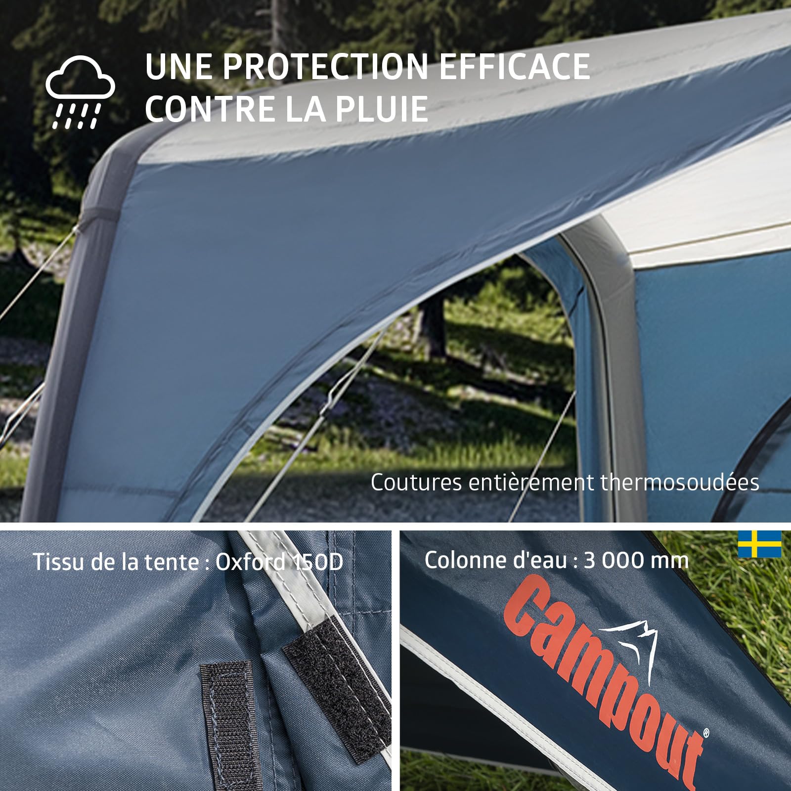 Campout Auvent Gonflable pour Caravane et Camping-Car – 300 x 250 cm – 3000 mm étanche – Hauteur de Montage 235-250 cm – Installation en 15 Min – INCL. Pompe & Haubans tempête