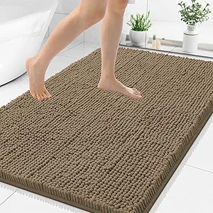 Smiry Luxury Chenille Bathroom Rugs 50x30, Extra Soft and Absorbent Shaggy Bath Mat, Machine Washable, Non-Slip Plush Carpet Runner for Tub, Shower, and Floor, Home Decor Accessories, Camel