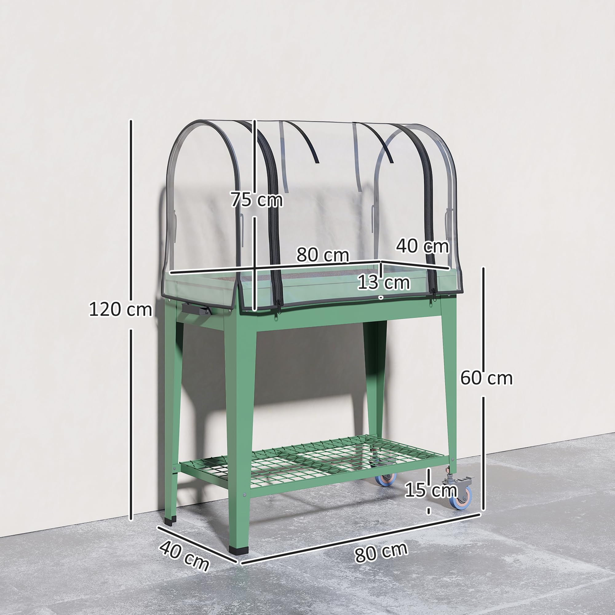 Outsunny Huerto Urbano Elevado con Ruedas, Mesa de Cultivo con Cubierta PVC de Invernadero y Estante Inferior para Cultivo, Plantas, Flores y Verduras, 80x40x120 cm, Verde
