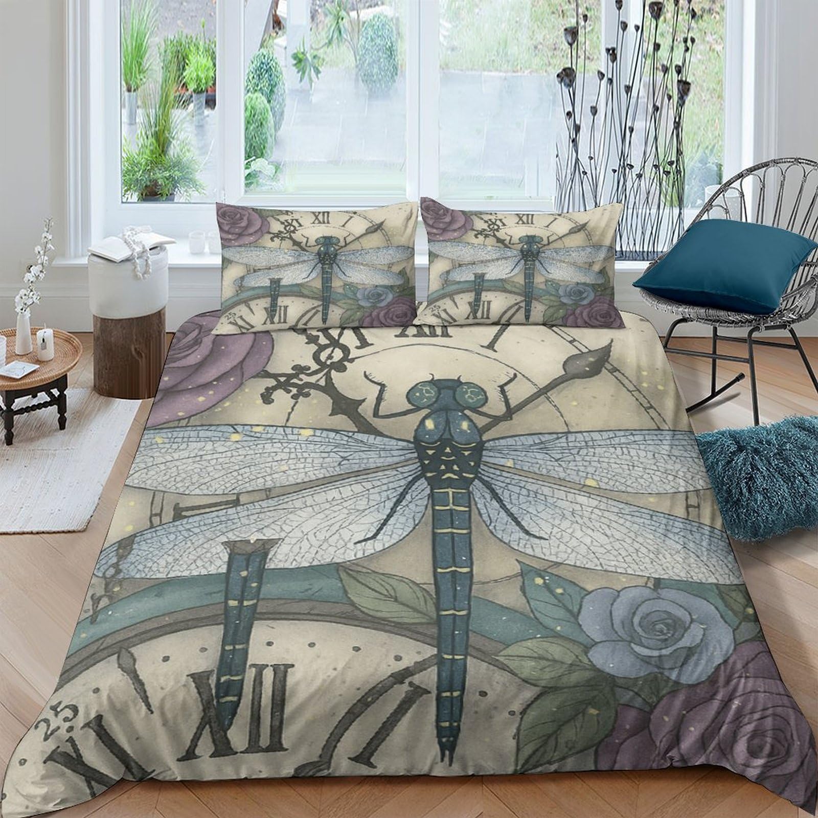 Ctjqhvkz Style-10 3D Printed Vintage Dragonfly Fitted Sheet Microfiber Soft Botanical Clock Bed Cover For Bedroom Guest Room Decor Single（135X200cm）