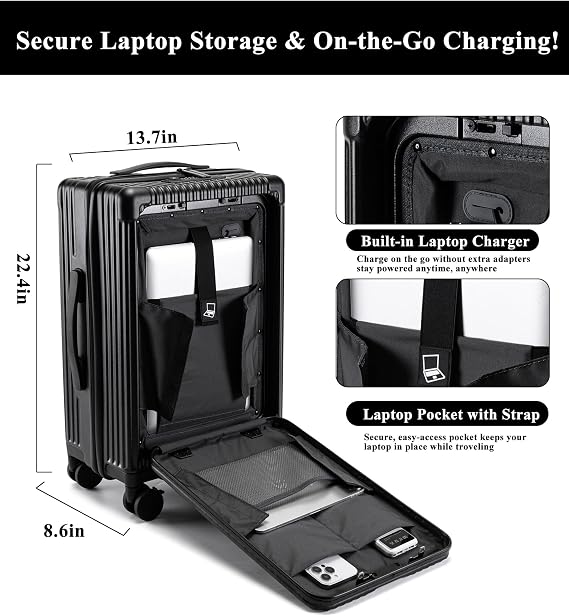 feilario Hardside Carry On Luggage, Zipper Closure, TSA Lock, USB Port | Phone holder, cup spot and organized interior keep devices, drinks and small essentials ready for airport waits