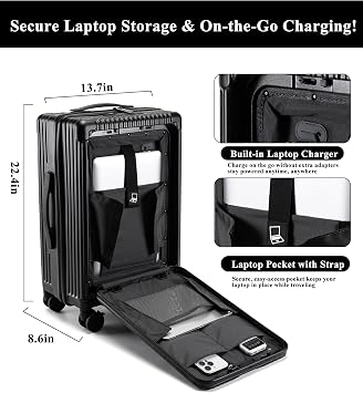 feilario Hardside Carry On Luggage, Zipper Closure, TSA Lock, USB Port | Phone holder, cup spot and organized interior keep devices, drinks and small essentials ready for airport waits