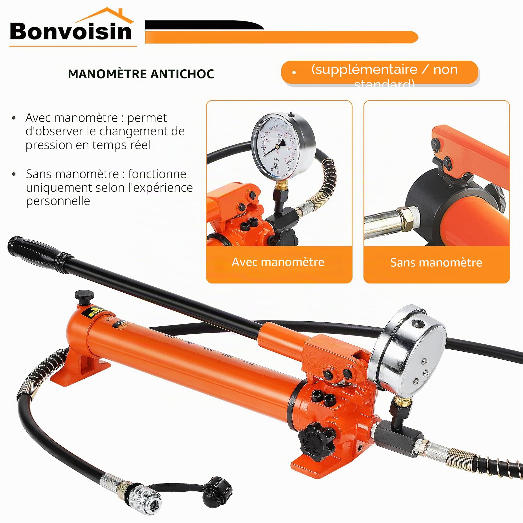 Bonvoisin CP-700 Pompe Hydraulique Manuelle, avec Manomètre, Haute Pression 700 kg/cm², Teneur en Huile 900cc, pour des Outils Hydrauliques