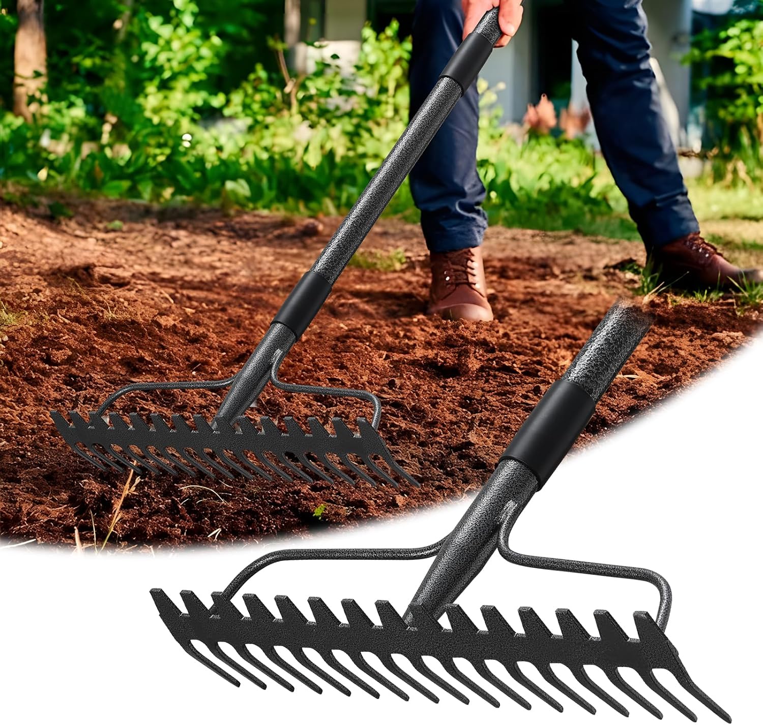 Garden Rake with 77 Inch Handle, 17 Inch Wide Metal Garden