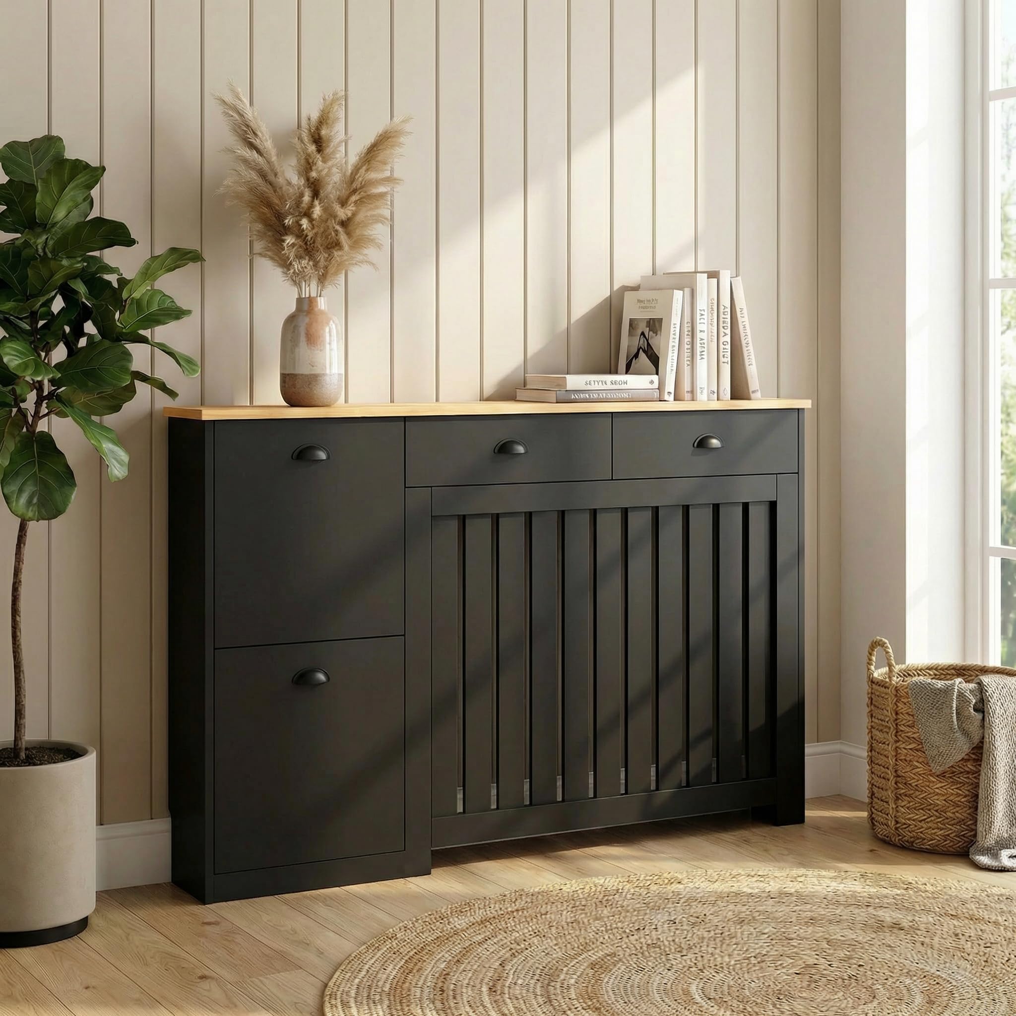 DuraThermยฎ Linwood Radiator Cover Black Modern Vertical Slat Shelves MDF Storage Cabinet Shelf for Radiators, Living Rooms, Bedrooms (W: 116.5cm / H: 96cm / D: 19cm)