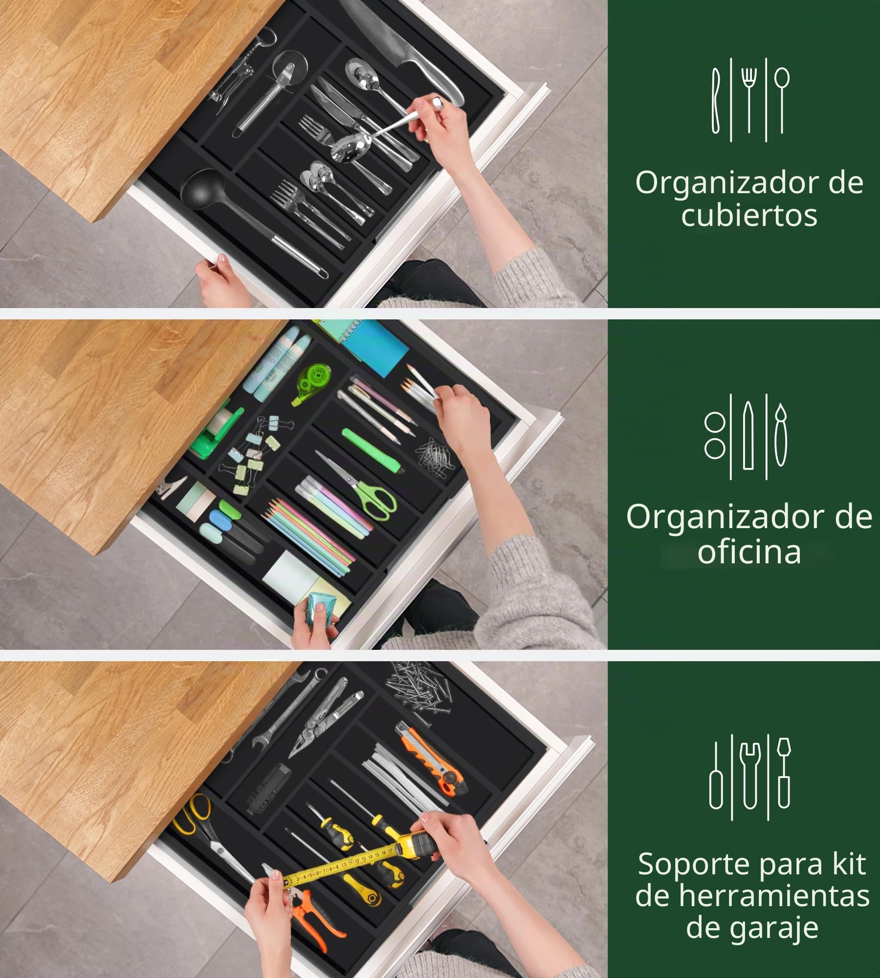 ROYAL CRAFT WOOD Organizador de cajones de cocina de bambú de lujo, organizador de cubiertos, soporte para utensilios y bandeja de cubiertos con separadores ranurados para cubiertos y utensilios de