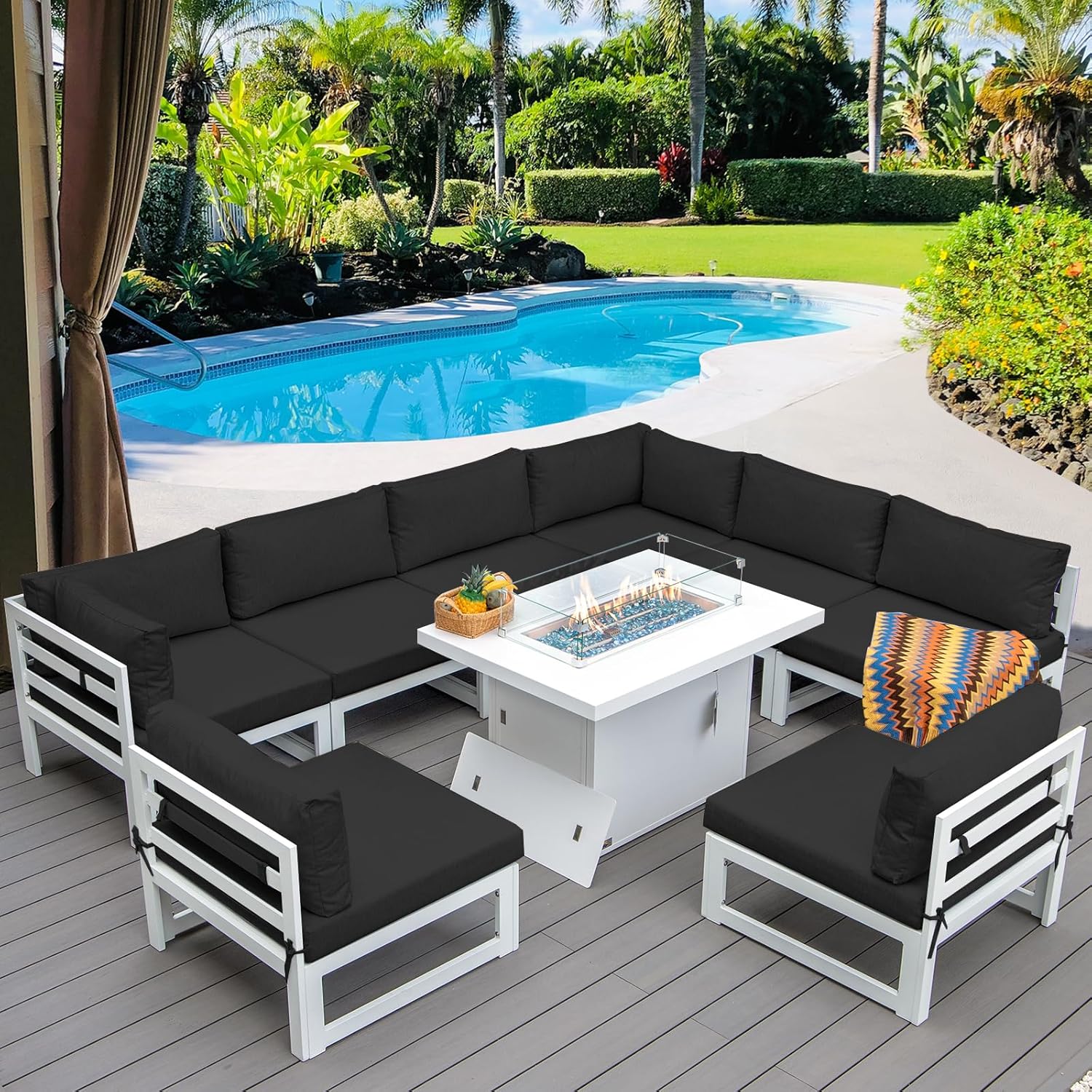 RADIATA 9 Pieces Aluminum Patio Furniture with Fire Pit Conversation Set with 43
