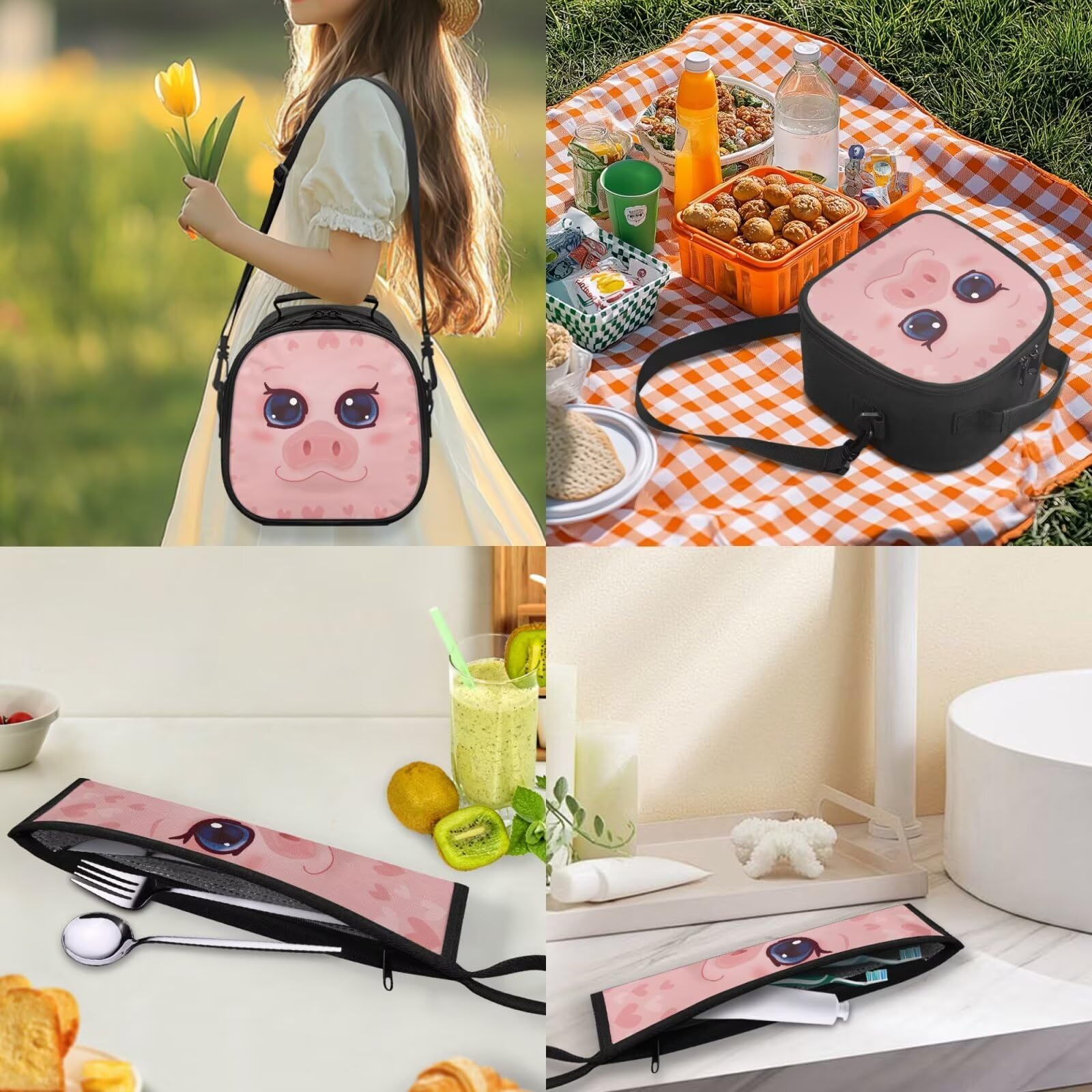 Vanideaoty Piggy Lunch Box for Teen Girls and Utensil Organizer Bag Set for Girls 5-8 Bento Boxes with Flatware Bag Keep Food Reduces Dust