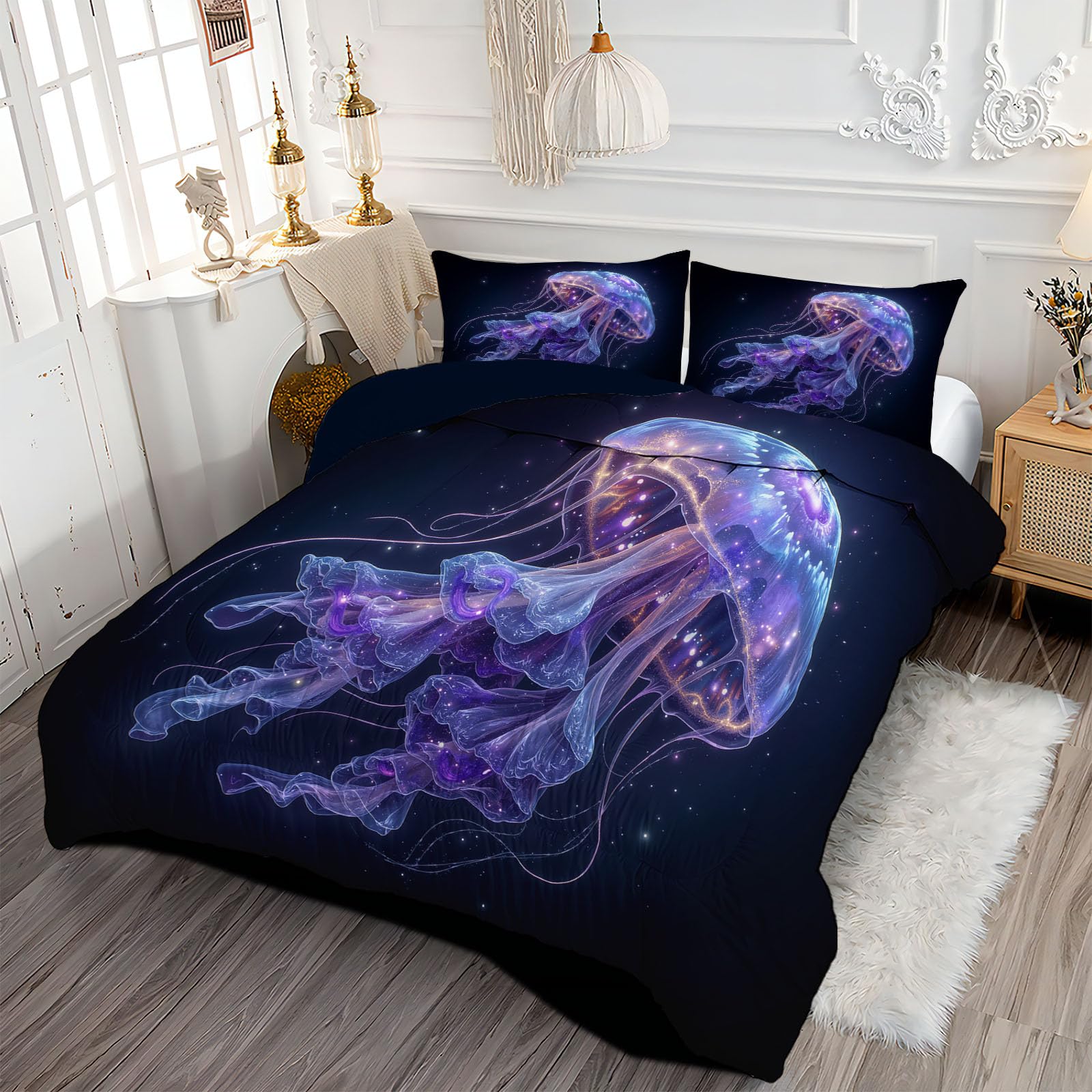 Trapunta Letto Singolo 4 Stagioni Piumone per Bambini, Medusa Viola Leggero Minimalismo Cielo Stellato Set di Biancheria da Letto 140x200cm con 1 Federe,Piumino Lavabile In Lavatrice