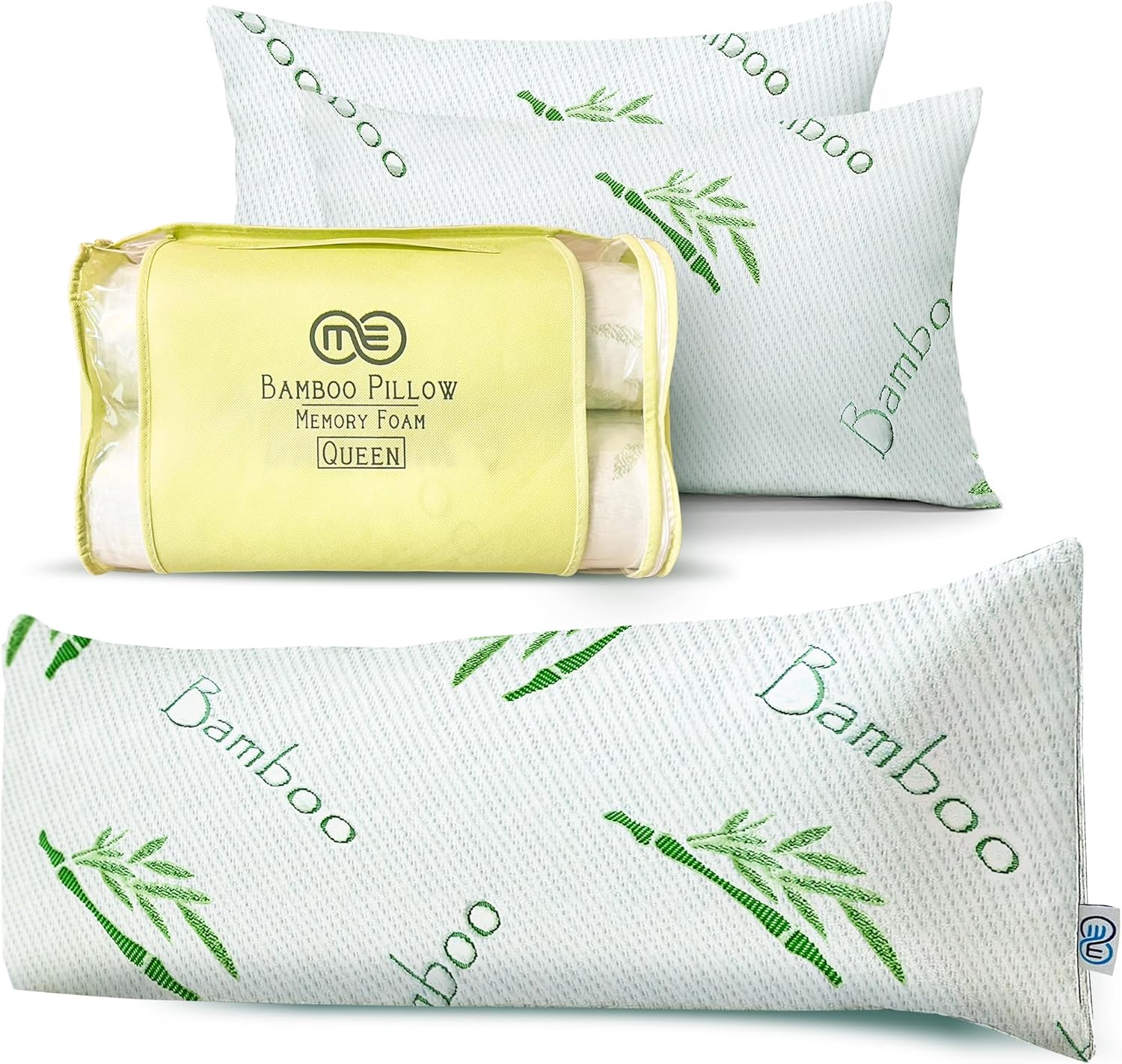 OMEO Bamboo Body Pillow and 2 Pack Queen Bamboo Pillow, Shredded Memory Foam Bed Pillows for Adults, Side, Back and Stomach Sleepers, Soft, Cooling, Adjustable and Washable Cover with Zipper
