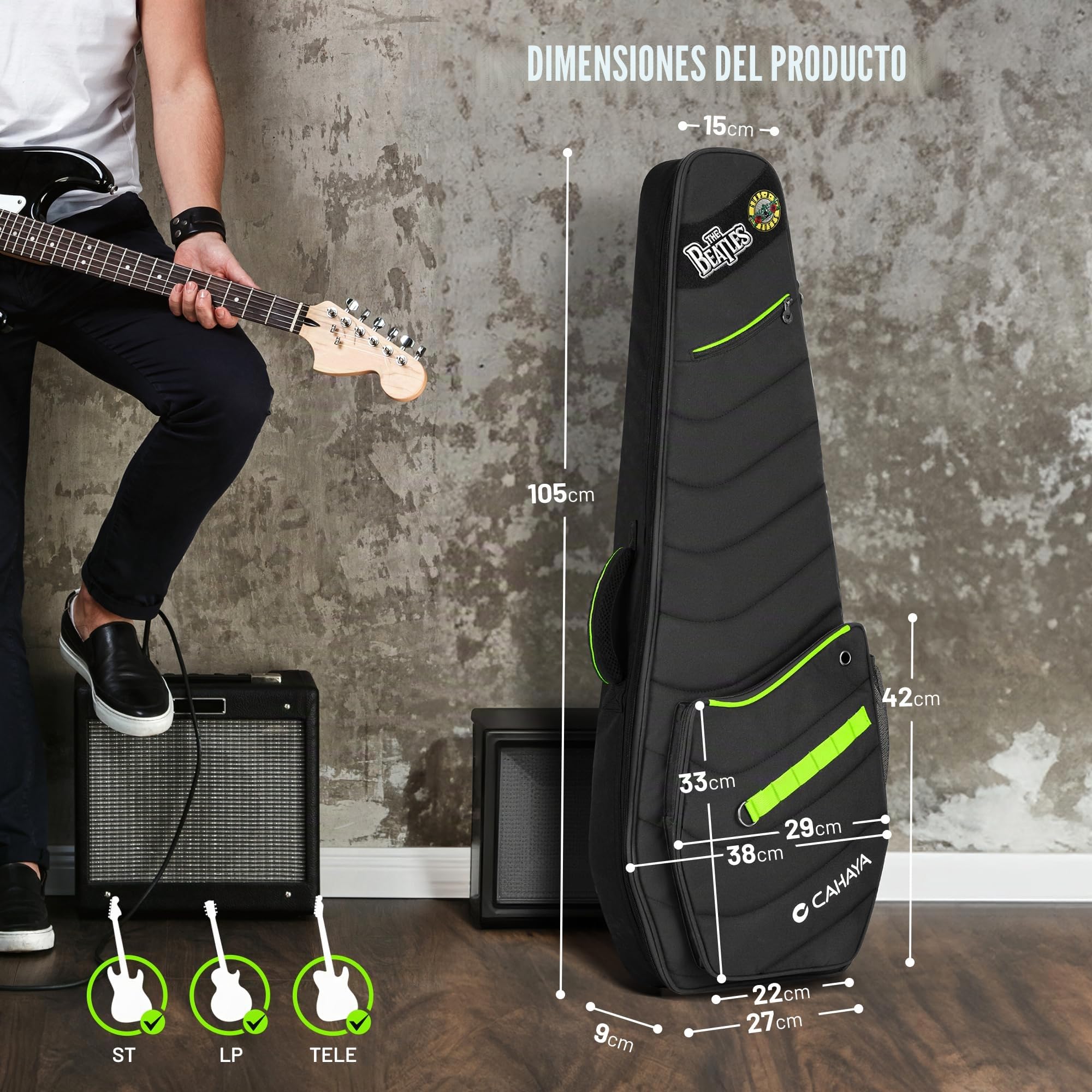 CAHAYA Funda para Guitarra Eléctrica - Gig Bag Bolsa Suave con Líneas Verdes Fluorescentes Bolsillo Lateral para Botella de Agua Parche Adhesivo Personalizable Acolchado de 12 mm Resistente al Agua