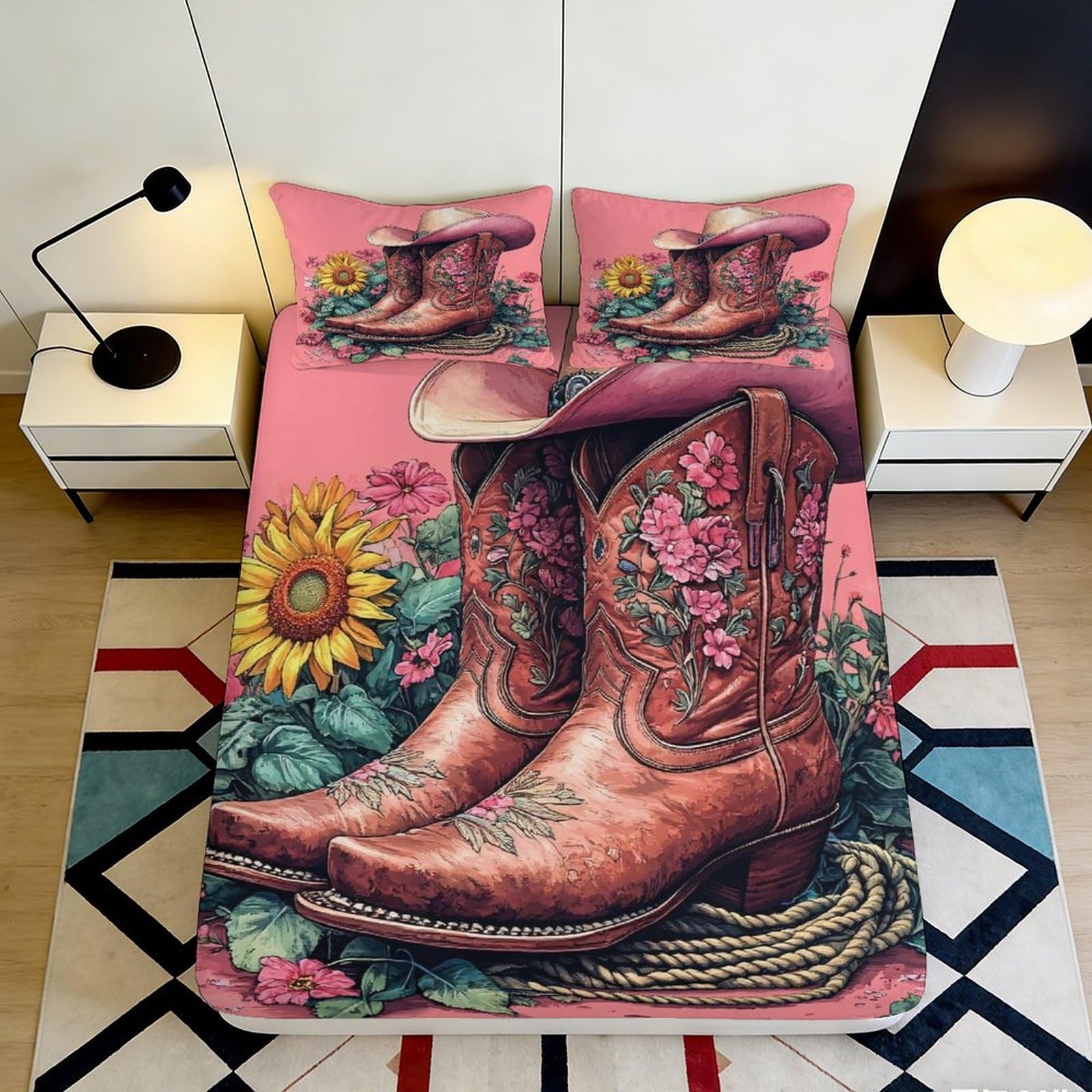 Pnayamiorkfel Style-8 3D Printed Cowboy Boots Fitted Sheet Microfiber Floral Sunflower Bed Cover For Bedroom Dorm Bed Protection Decor 90X200x25cm