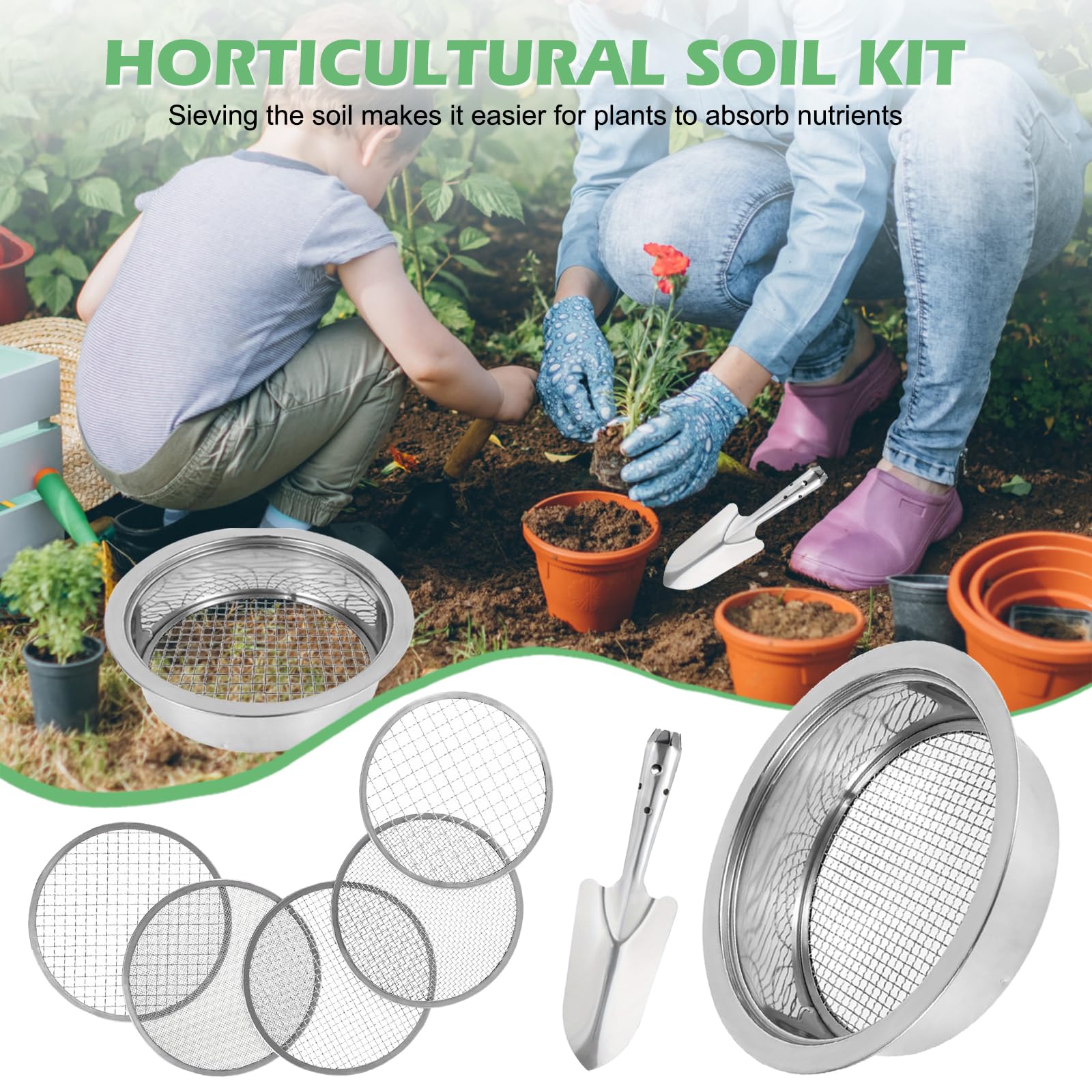 Juego de colador de jardín de acero inoxidable redondo de 20 cm con 5 tamices intercambiables y paleta, diámetro de 1, 3, 5, 7, 9 mm, colador de compost de acero inoxidable para tierra, piedras
