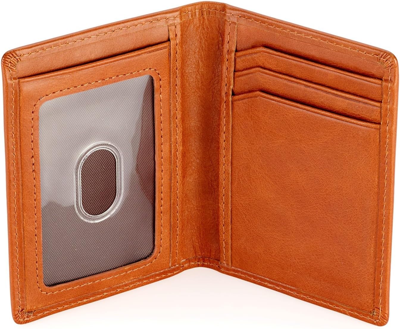Men's Slim Front Pocket Wallet - RFID Blocking, Thin Minimalist Bifold Design, Genuine Leather - ID Badge Window and 5 Sleeves for Money, Credit and Debit Cards, Driver's License - Brown