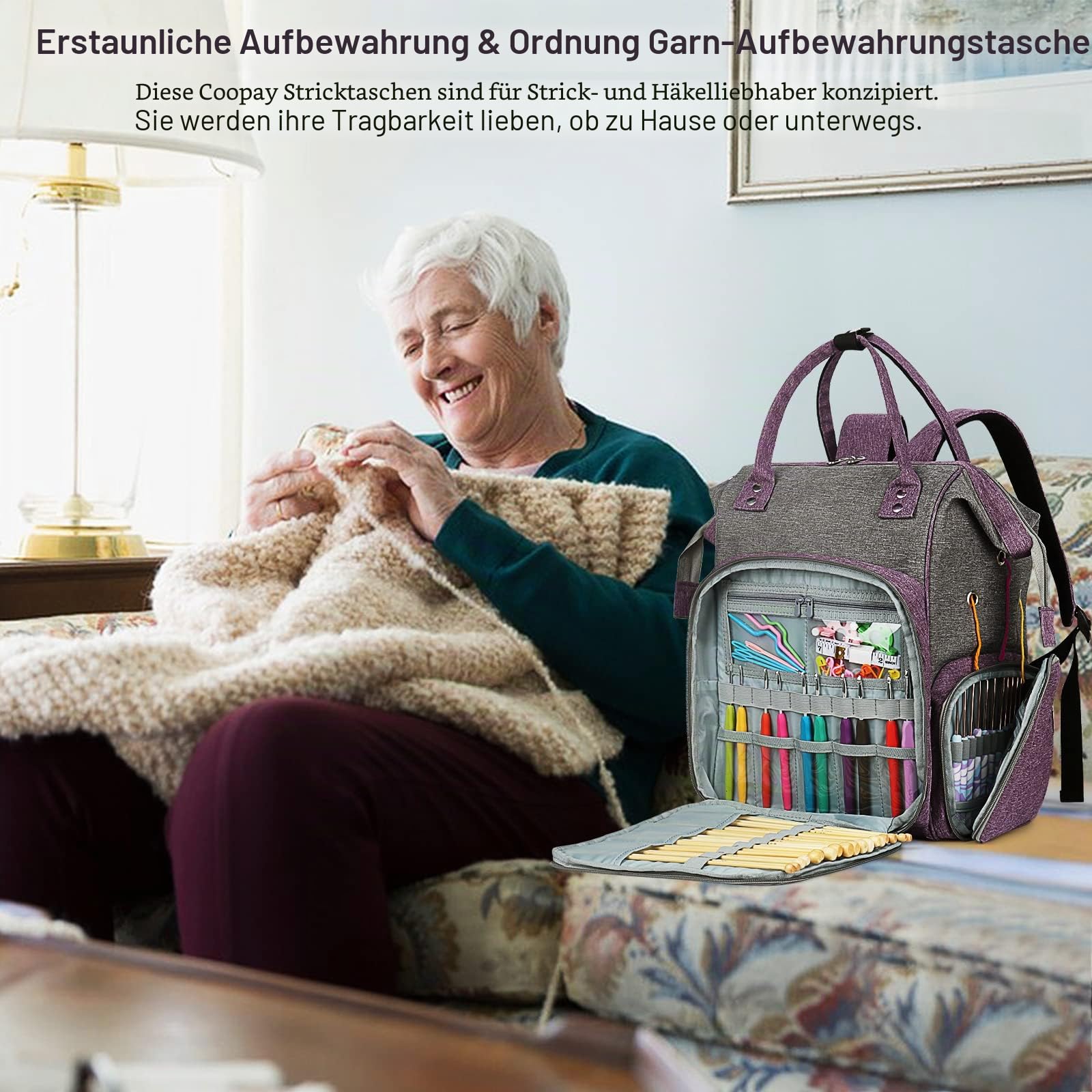 Coopay Multifunktion Stricktasche Rucksack, Reise Häkeltasche mit 6 Garnösen, Große Garnaufbewahrung Tasche für unfertige Projekte, Häkelnadel, Stricknadeln, Wolle, Strick- und Häkelzubehör, Grau Lila