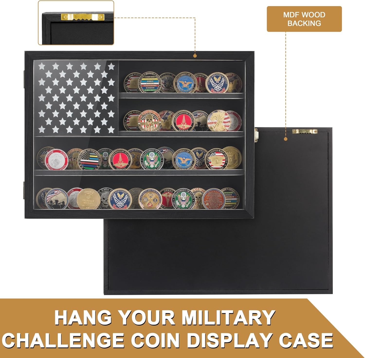 Challenge Coin Display Case 11x15IN, Military Medal Shadow Box HD Acrylic Glass 2 Groove Shelves, Retro Coin Holder with American Flag for Casino Poker Chips Exquisite Souvenirs