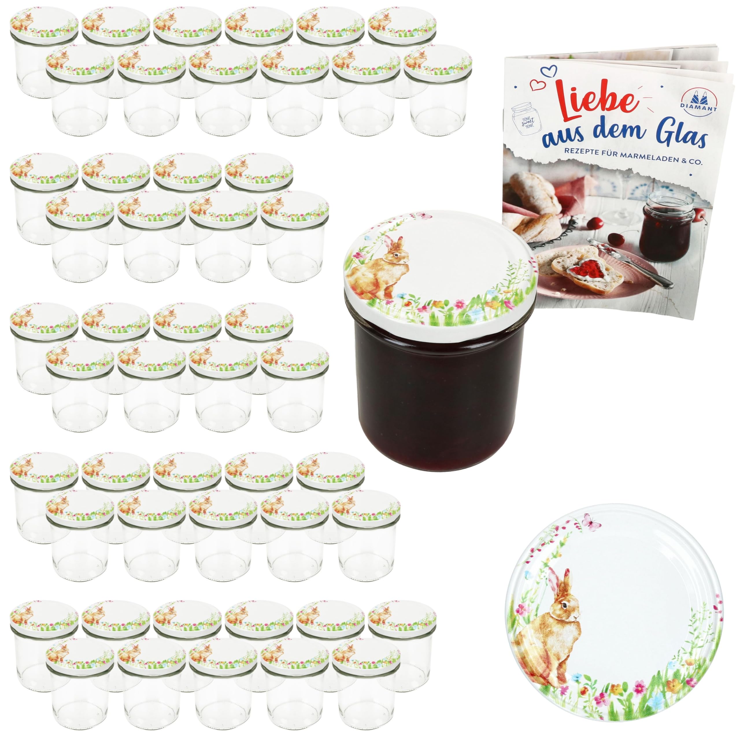 MamboCat Lot de 50 bocaux en verre de 350 ml avec couvercles à visser de 82 couvercles à visser « Osterfreude » I avec lapins et fleurs de Pâques I Bocaux de conservation + livret de recettes de sucre