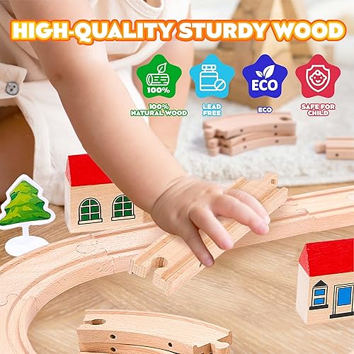 Miniatura 4 de Juego de 47 piezas de tren de madera para niños pequeños, pista de tren de madera, expandible y cambiable, juguetes educativos seguros, regalo para