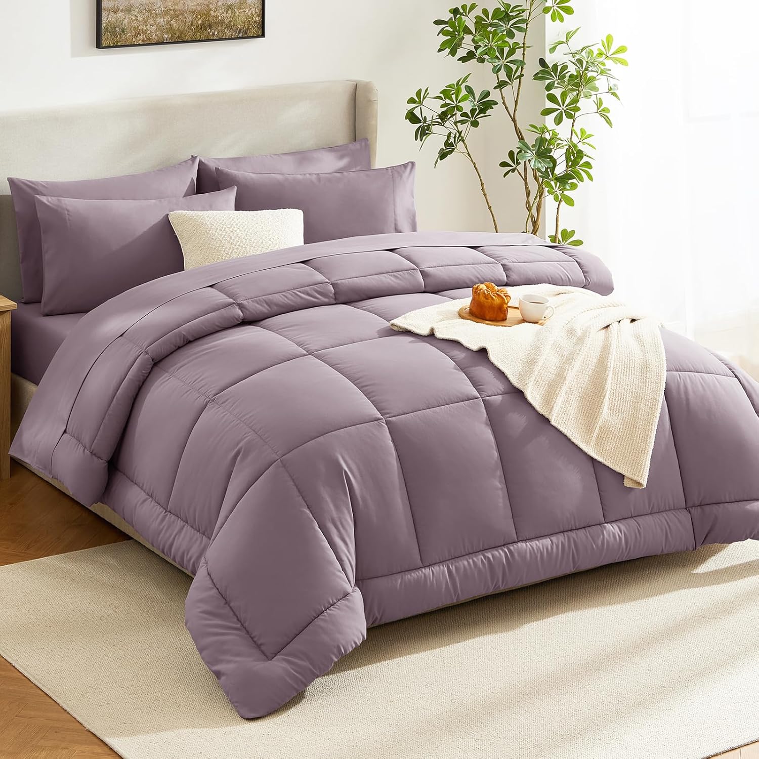 CozyLux King Size Comforter Set Dusty Purple - 7 Pieces Bed in a Bag Dusty Purple Comforter King Size, Bedding Set with All Season Quilted Comforter, Flat Sheet, Fitted Sheet, Pillowcases - Image 8