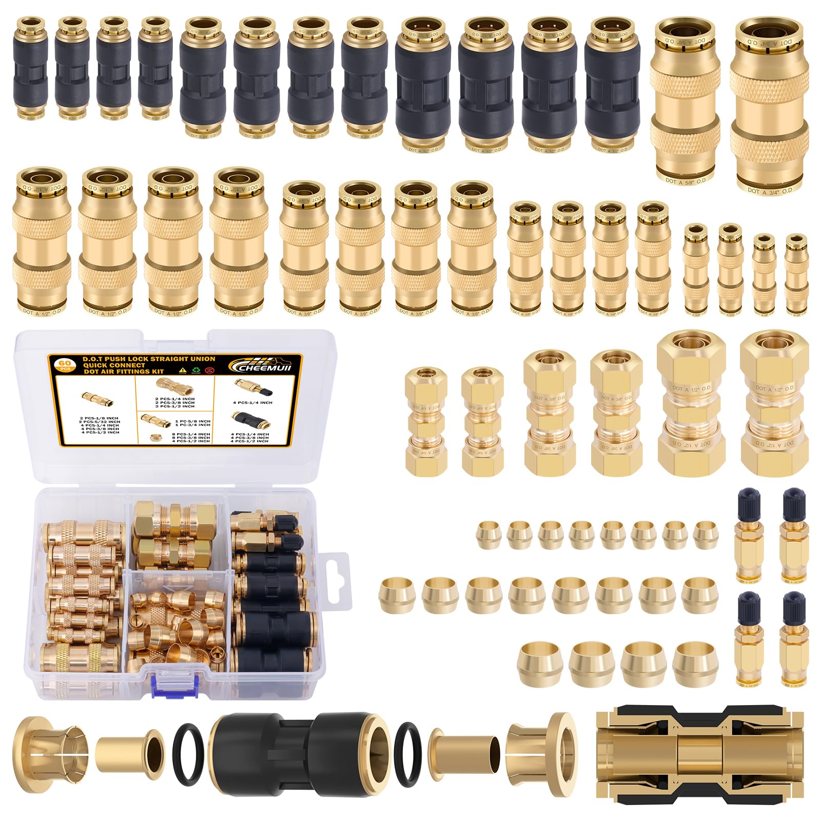 CheeMuii 60 PCS Brass DOT Air Line Fittings Kit DOT Push Lock and Compression Air Fittings Brass Quick Connect Straight Union 1/8" 5/32" 1/4" 3/8" 1/2